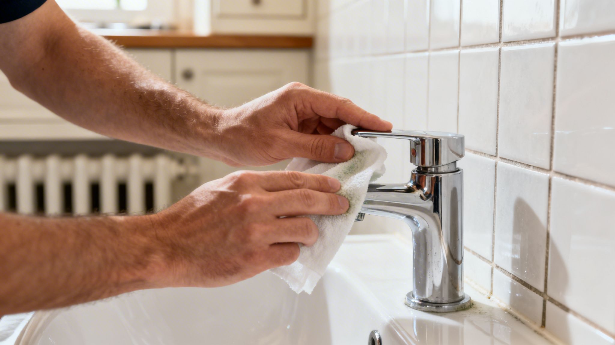 En person rengør en skinnende krom vandhane med en hvid klud i et badeværelse eller køkken.