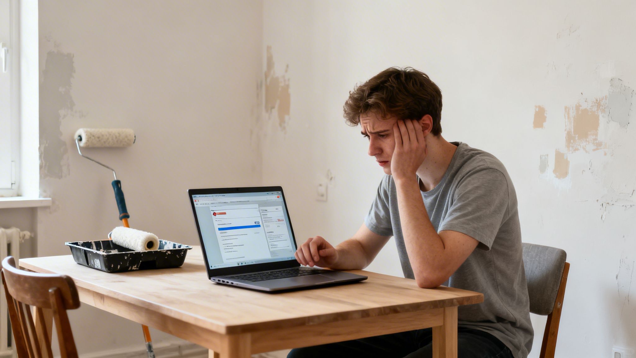 Ung mand sidder bekymret foran en laptop ved et bord med malerudstyr, mens væggen males.