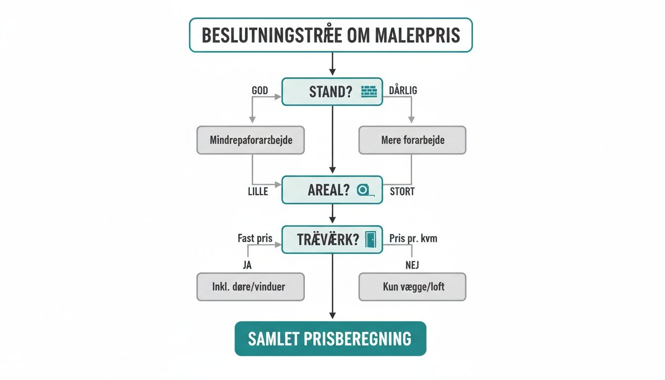 Beslutningstræ der viser faktorer som stand, areal og træværk, der påvirker malerprisen.