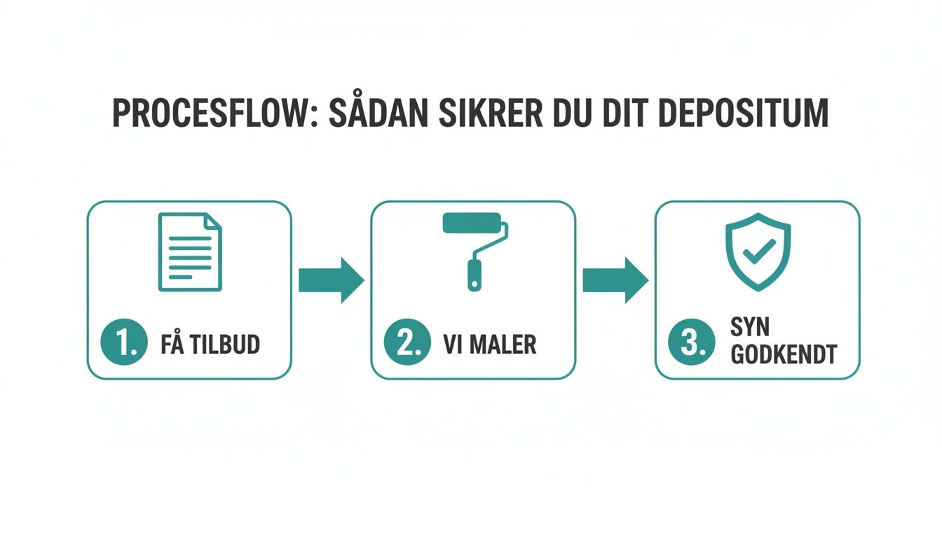 Procesflow for at sikre dit depositum, der viser skridt som tilbud, maling og godkendt syn.