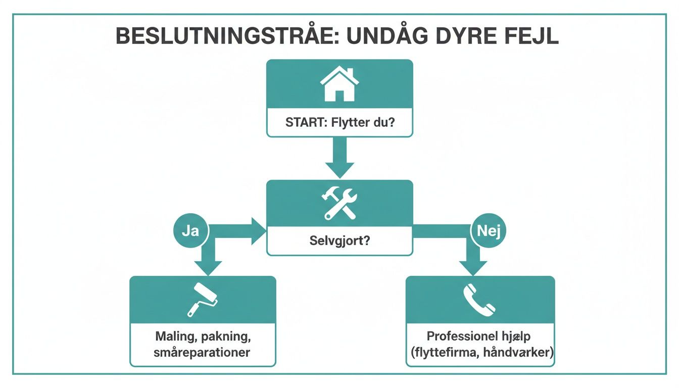 Beslutningstræ om fraflytning: guider dig til at undgå dyre fejl ved selv at gøre det eller hyre professionelle.