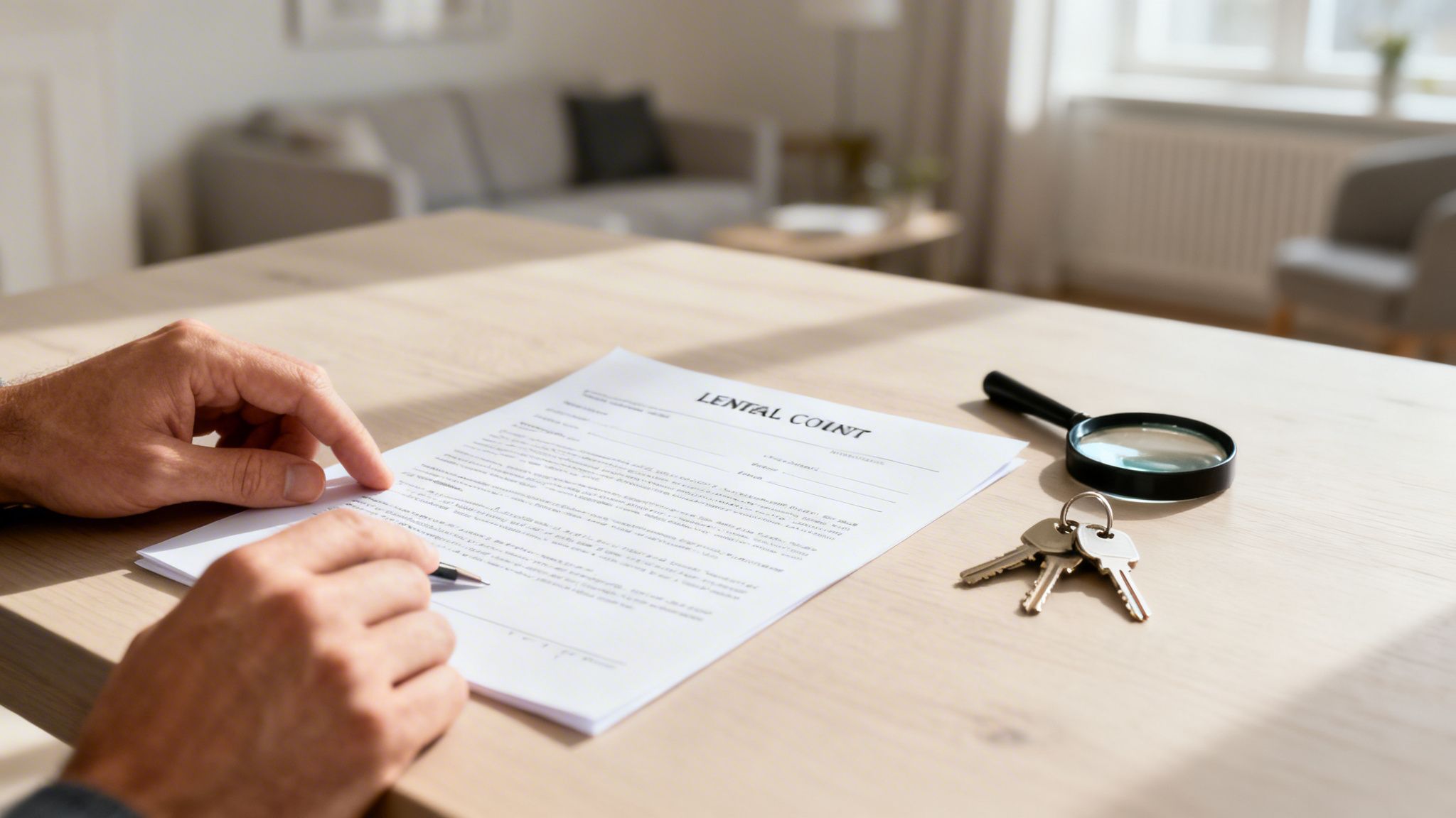 Hænder gennemgår en lejekontrakt med en lup og nøgler på et bord i et lyst værelse.