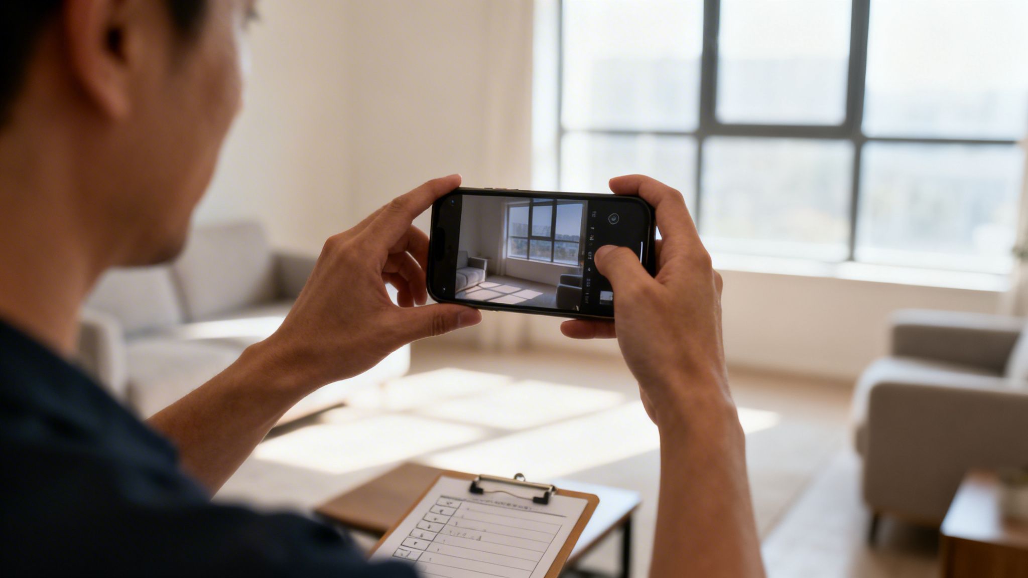 En person fotograferer et tomt værelse med sin smartphone, mens en tjekliste ligger på et bord.