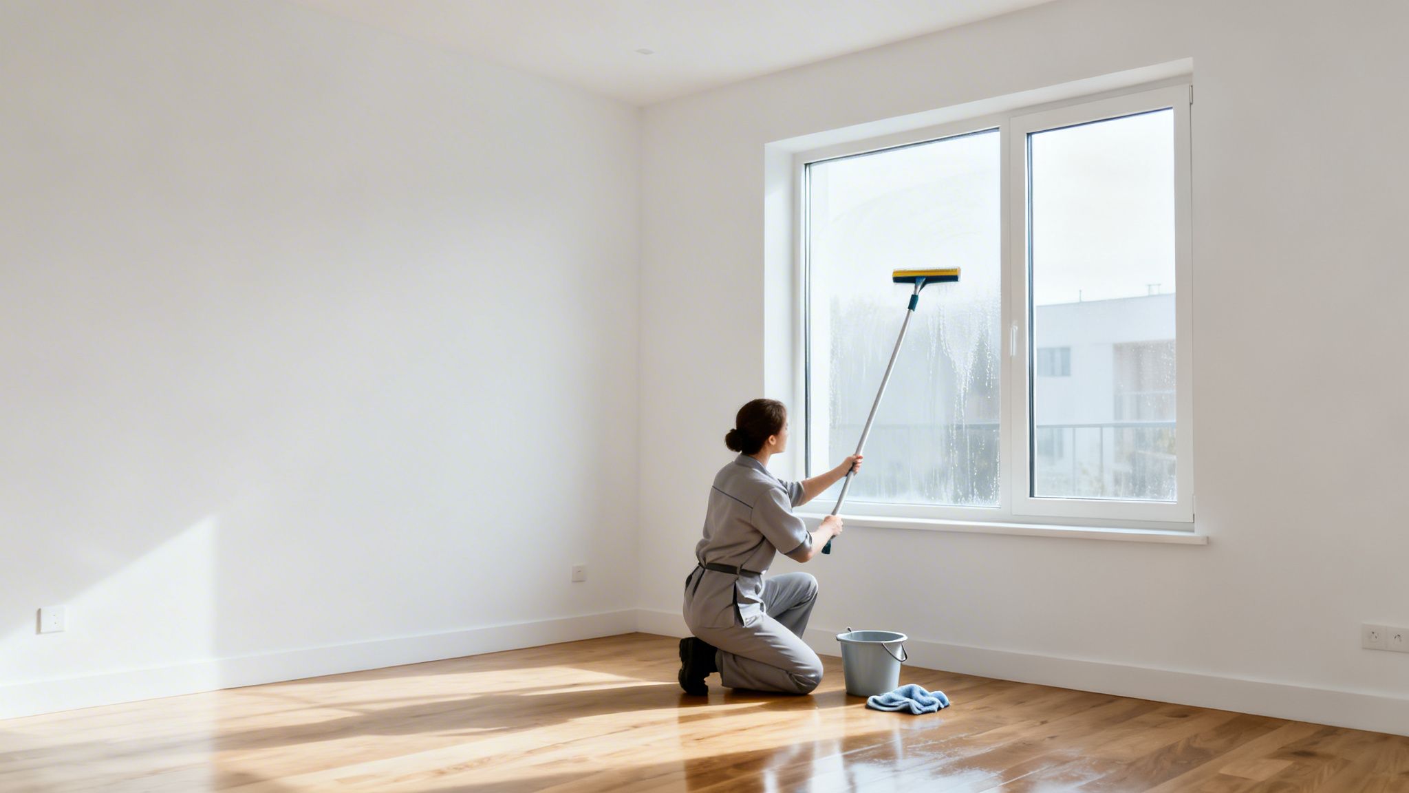 En person i grå uniform rengør et stort vindue med en skraber i et tomt rum med hvide vægge og trægulv.