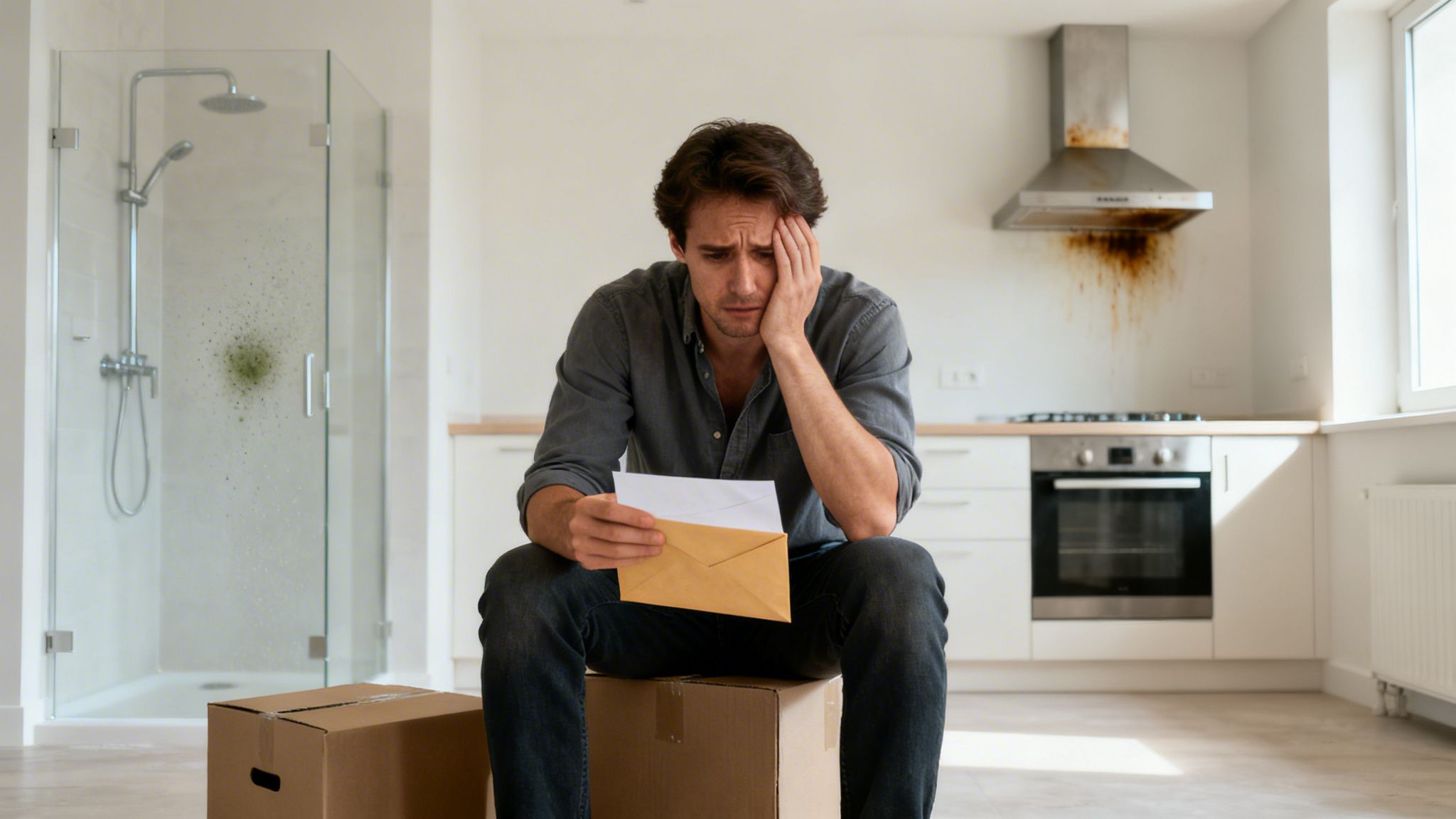 En fortvivlet mand i en beskidt lejlighed holder et brev med skimmel i bruser og rust i køkken.