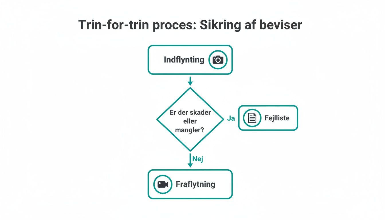 Flowdiagram der viser trin-for-trin proces for sikring af beviser ved indflytning og fraflytning af en bolig.