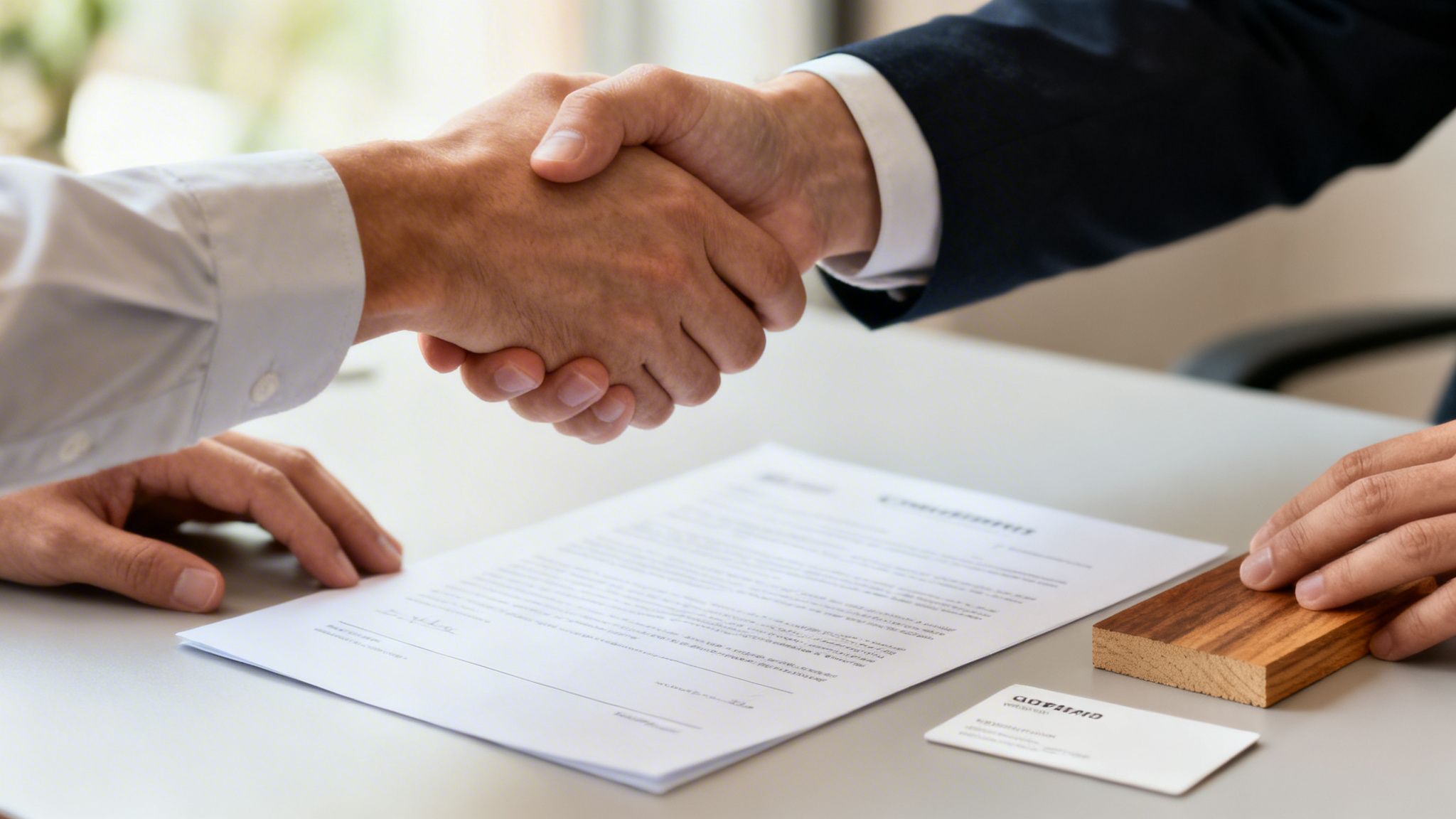 Håndtryk mellem to forretningsfolk over underskrevet dokument, der indikerer en aftale.