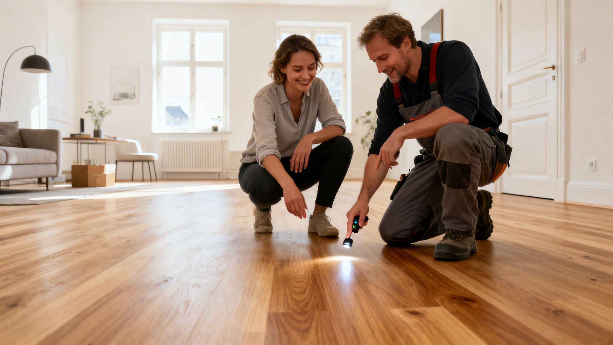 En mand og en kvinde inspicerer et poleret trægulv med en lommelygte, smilende.