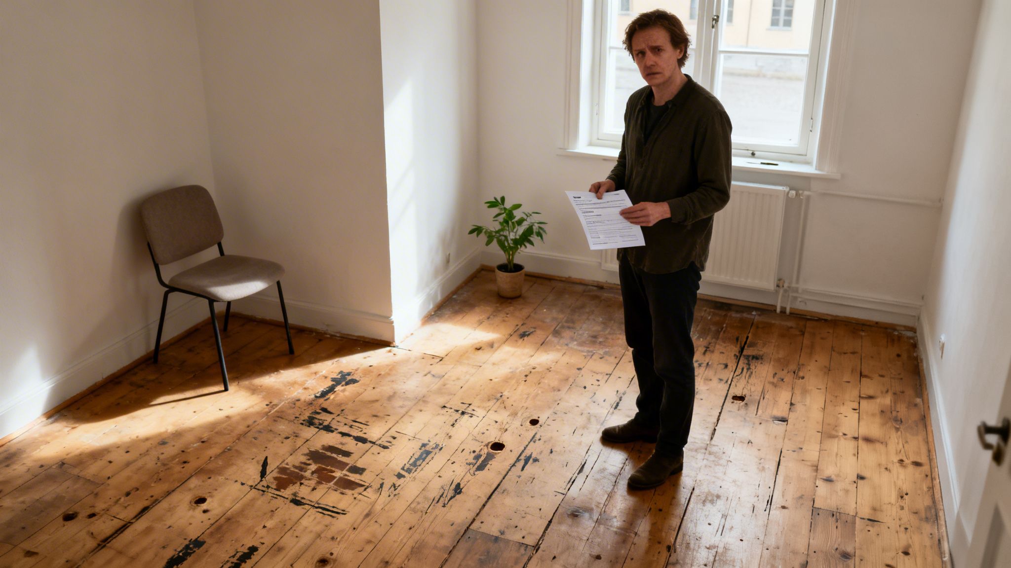 En mand med et dokument står i et tomt rum med et slidt trægulv, en stol og en plante.