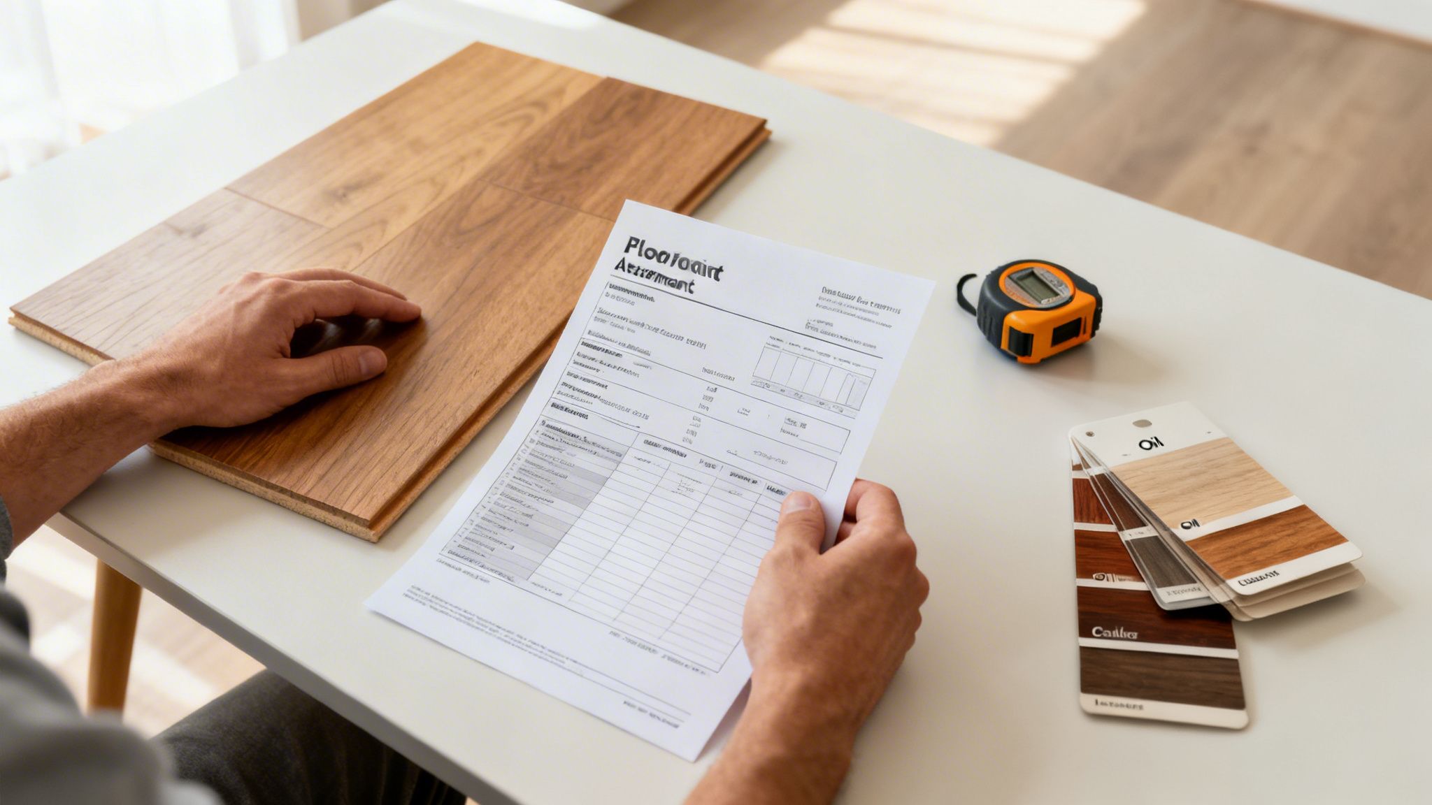 Mand planlægger gulvrenovering med træprøver, dokumenter og et målebånd på et bord.