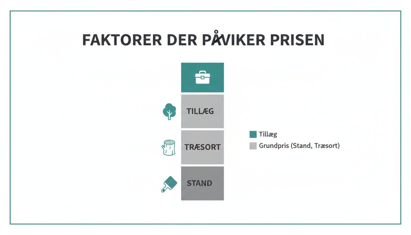 Diagram viser faktorer der påvirker prisen for gulvafslibning, herunder tillæg, træsort og gulvets stand.