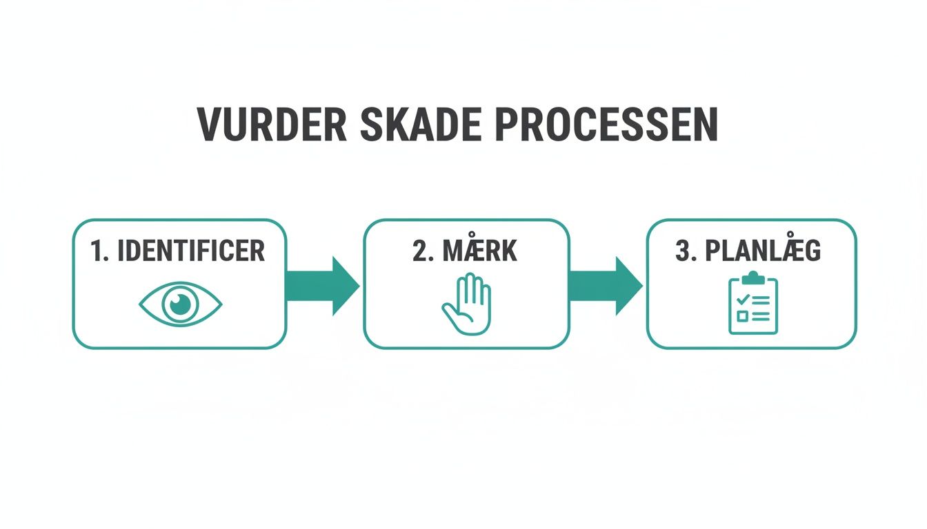 Illustration af skadesvurderingsprocessen med tre trin: identificer, mærk og planlæg, visualiseret med ikoner.