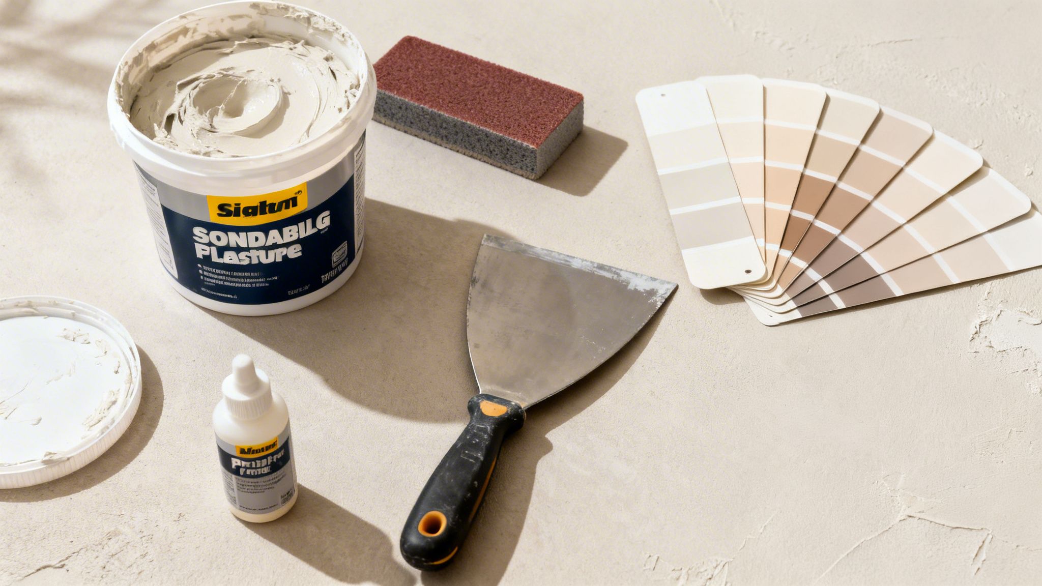 En oversigt over værktøj til vægreparation: en spand spartelmasse, slibeklods, spartel og farveprøver.