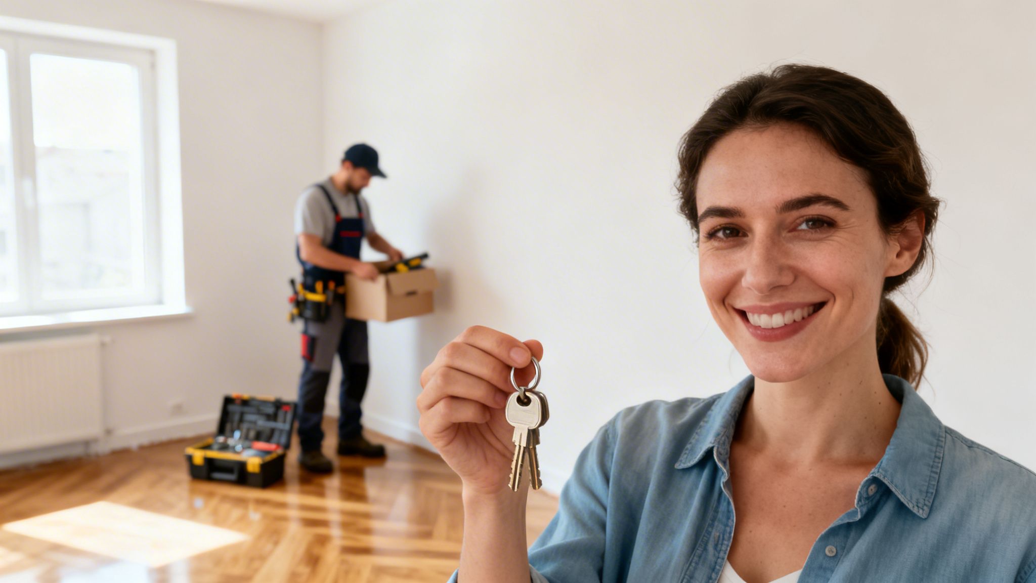 En smilende kvinde holder nøgler foran, mens en arbejder samler møbler i baggrunden af et nyt hjem.