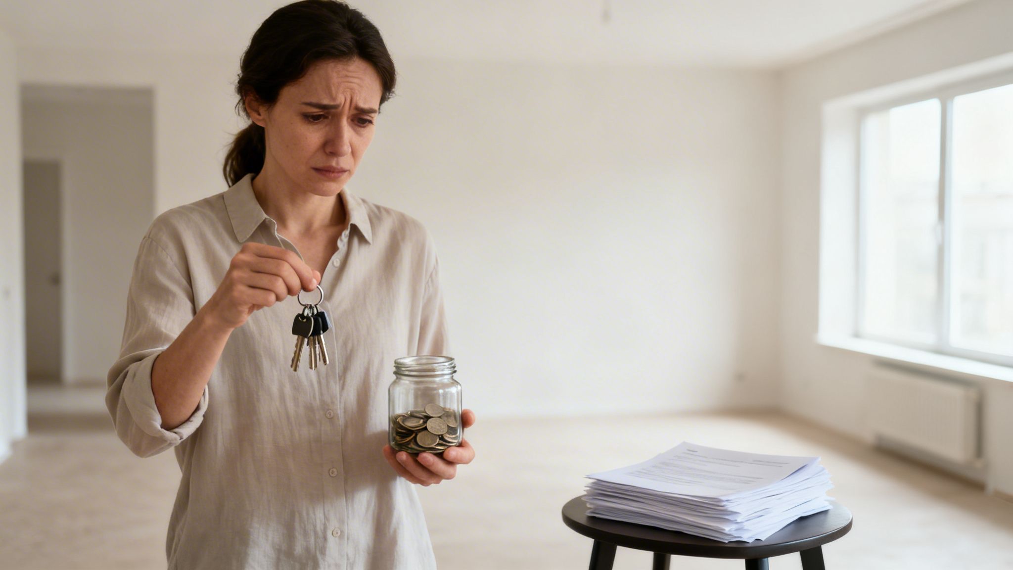 En bekymret kvinde holder nøgler og en krukke mønter i en tom lejlighed.