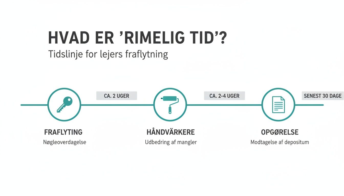 Tidslinje for lejers fraflytning, der viser nøgleoverdragelse, udbedring af mangler og modtagelse af depositum.