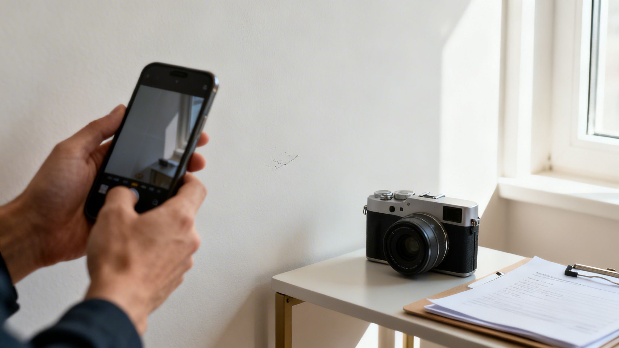 En person tager et billede af en væg med en smartphone. Et kamera og dokumenter ligger på et bord.