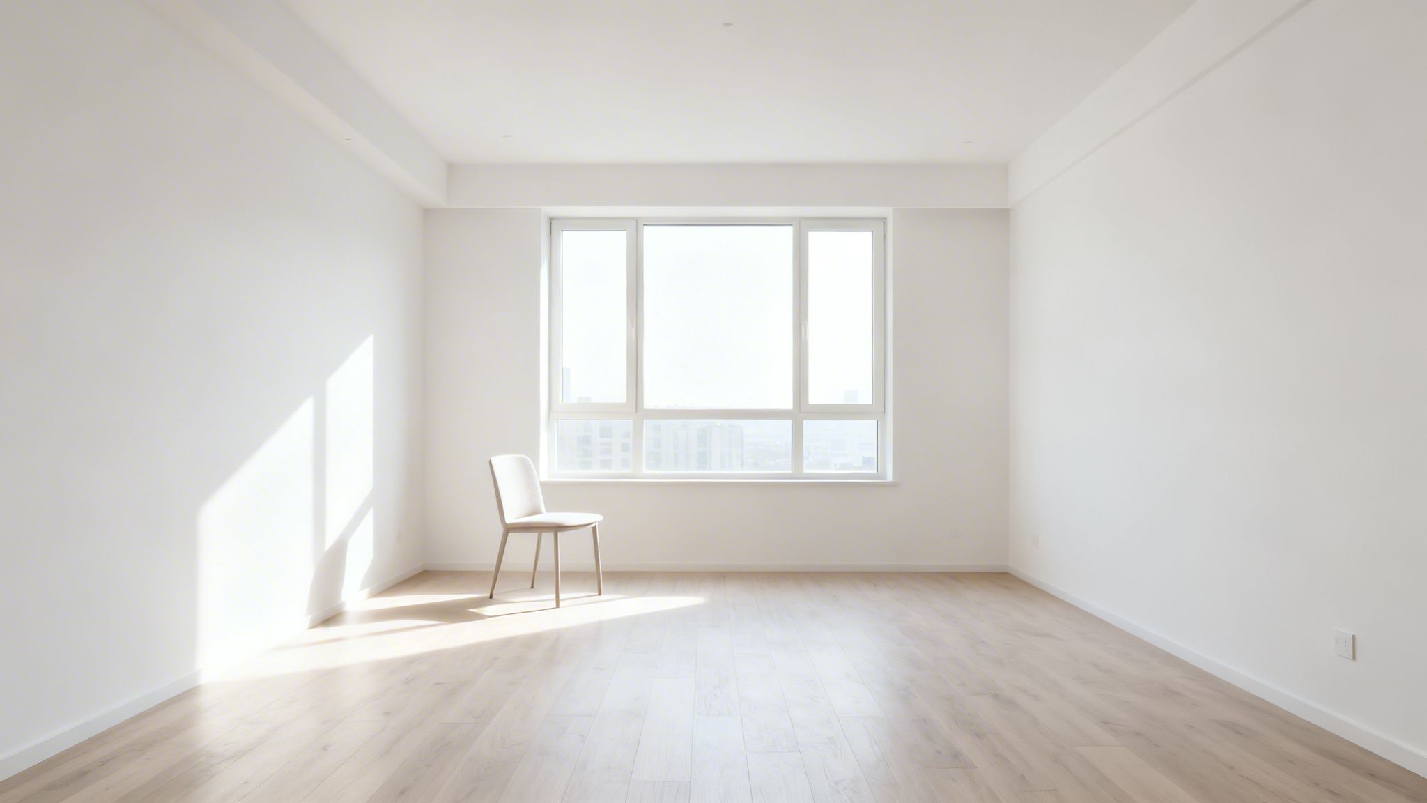 Et lyst og minimalistisk rum med hvide vægge, trægulv, et stort vindue og en enkelt beige stol.