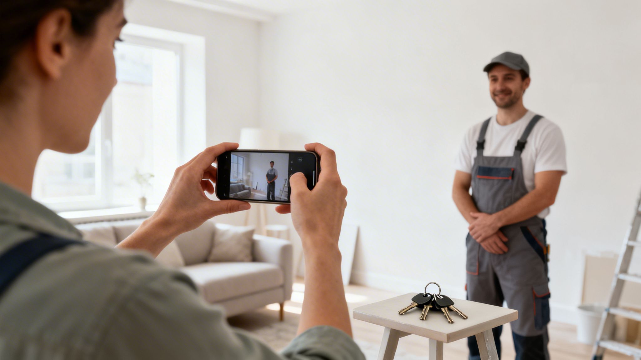 En person tager et billede med en smartphone af en smilende håndværker i en nyrenoveret lejlighed med nøgler.