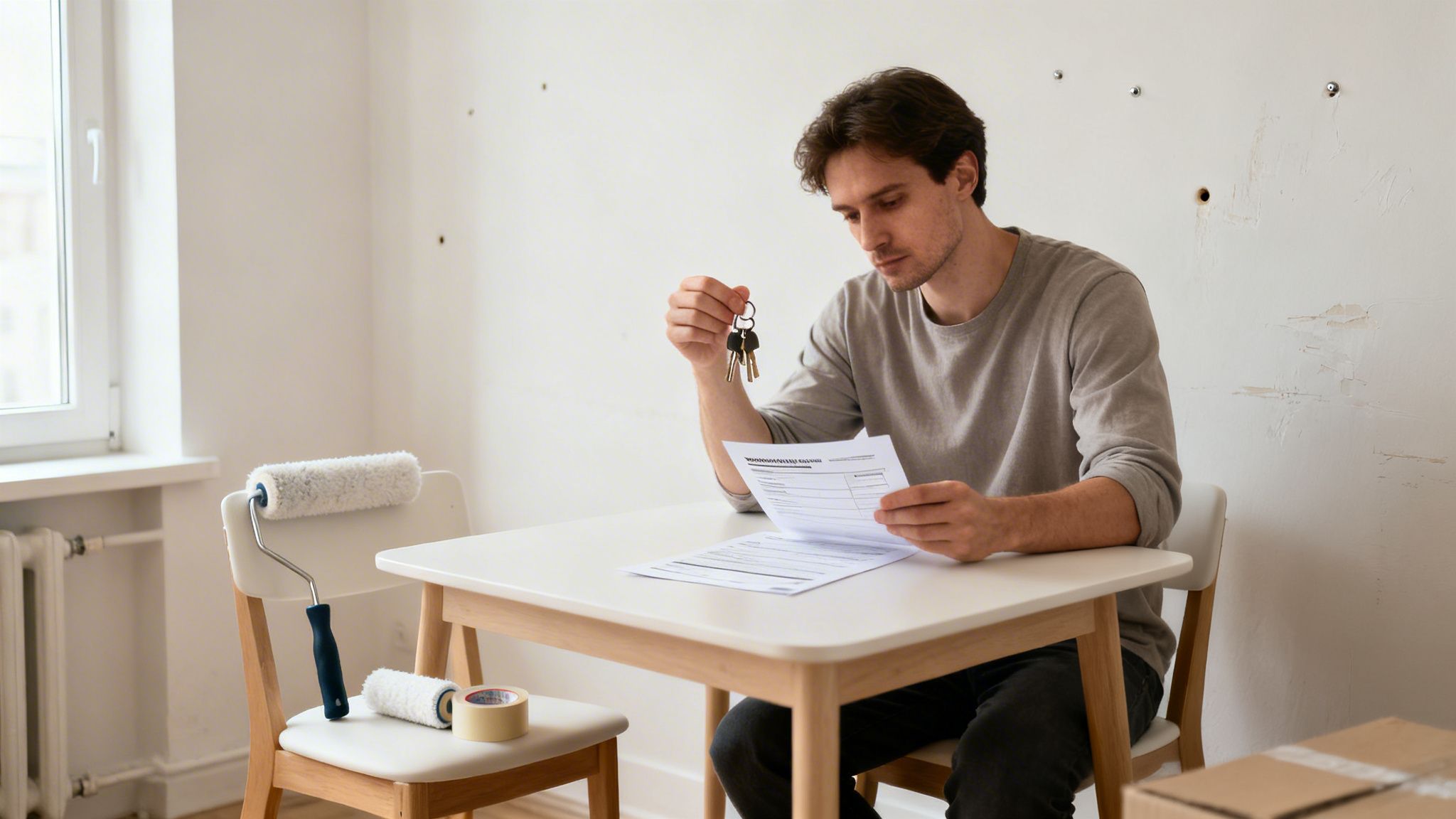 Mand med nøgler og dokumenter sidder ved bord i ufærdig lejlighed med malerudstyr på stolen.