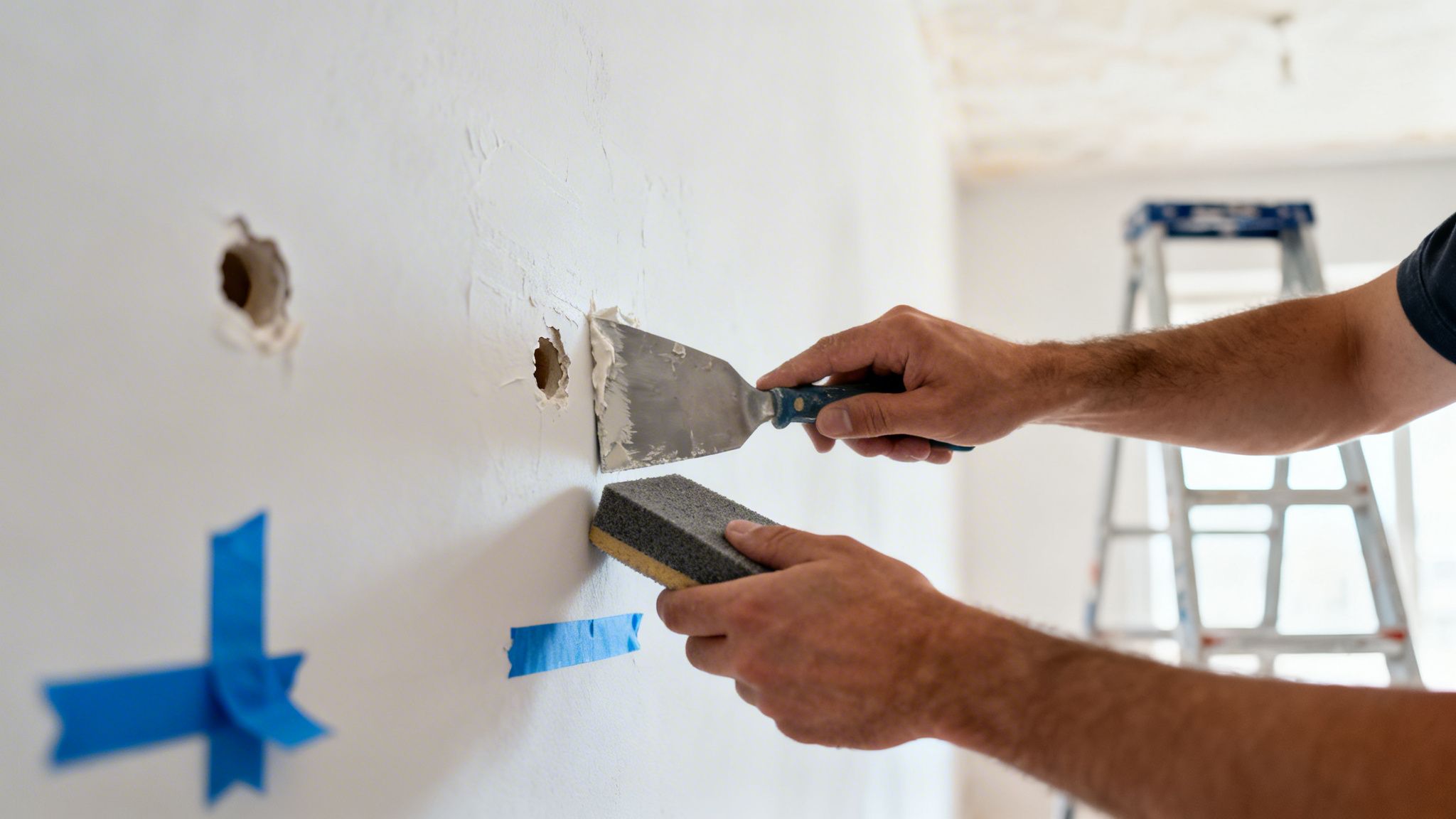 Hænder spartler huller i en hvid væg med en spartel og svamp under vægforberedelse.