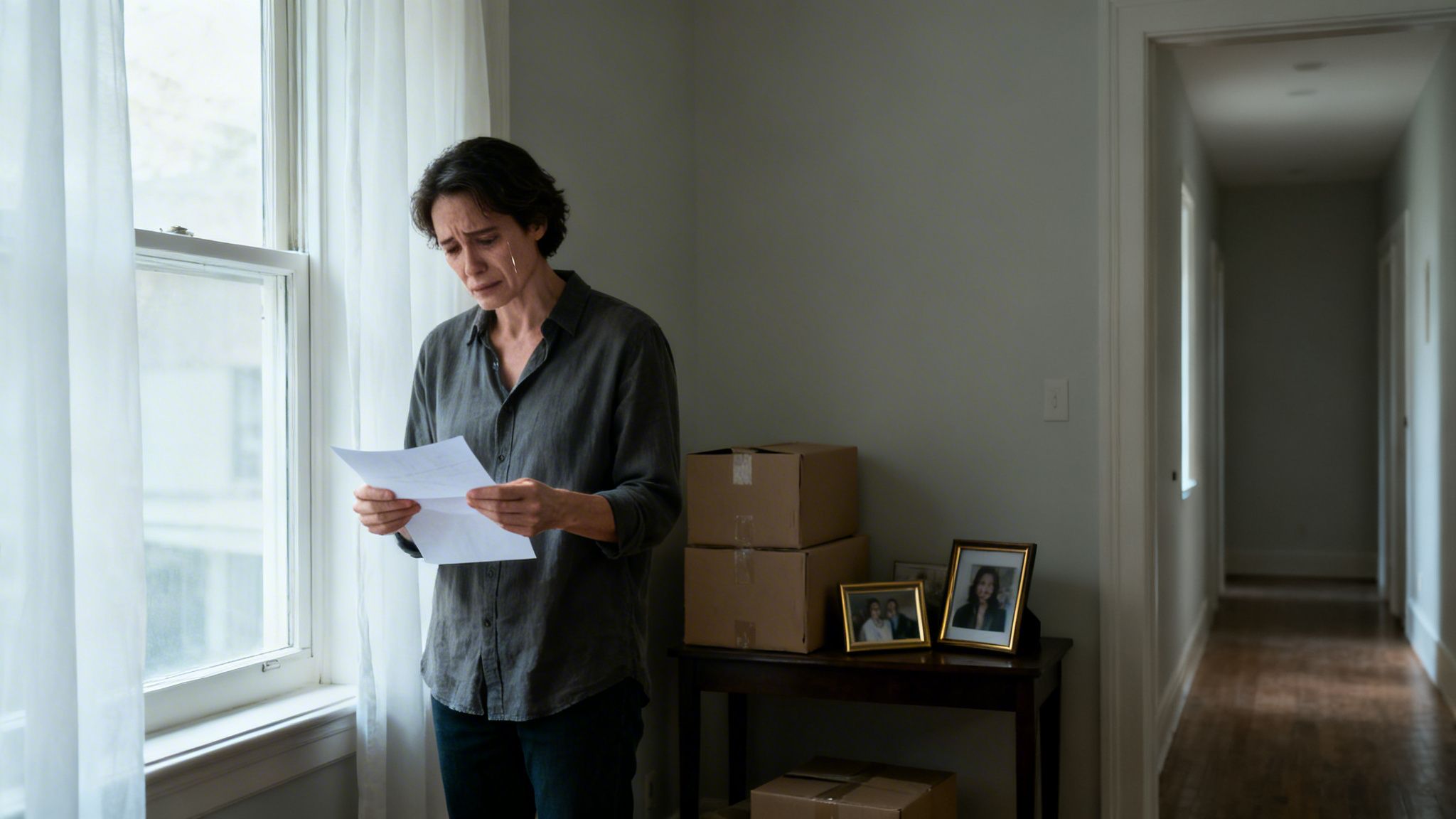 En sørgende person læser et brev ved flyttekasser og indrammede billeder ved et vindue.