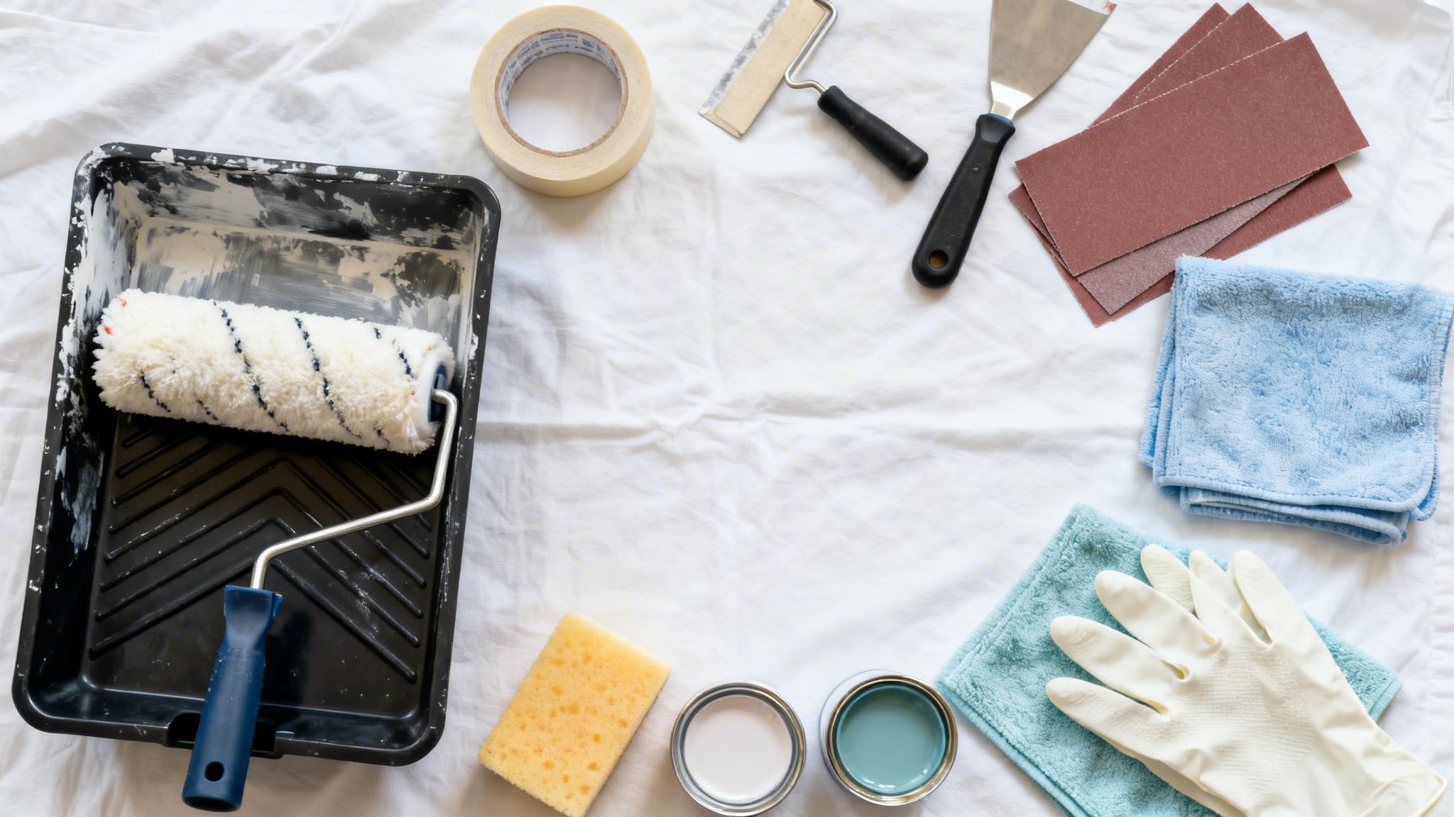 Et udvalg af værktøj til malerarbejde og istandsættelse, herunder malerrulle, maling, handsker og sandpapir på et hvidt klæde.