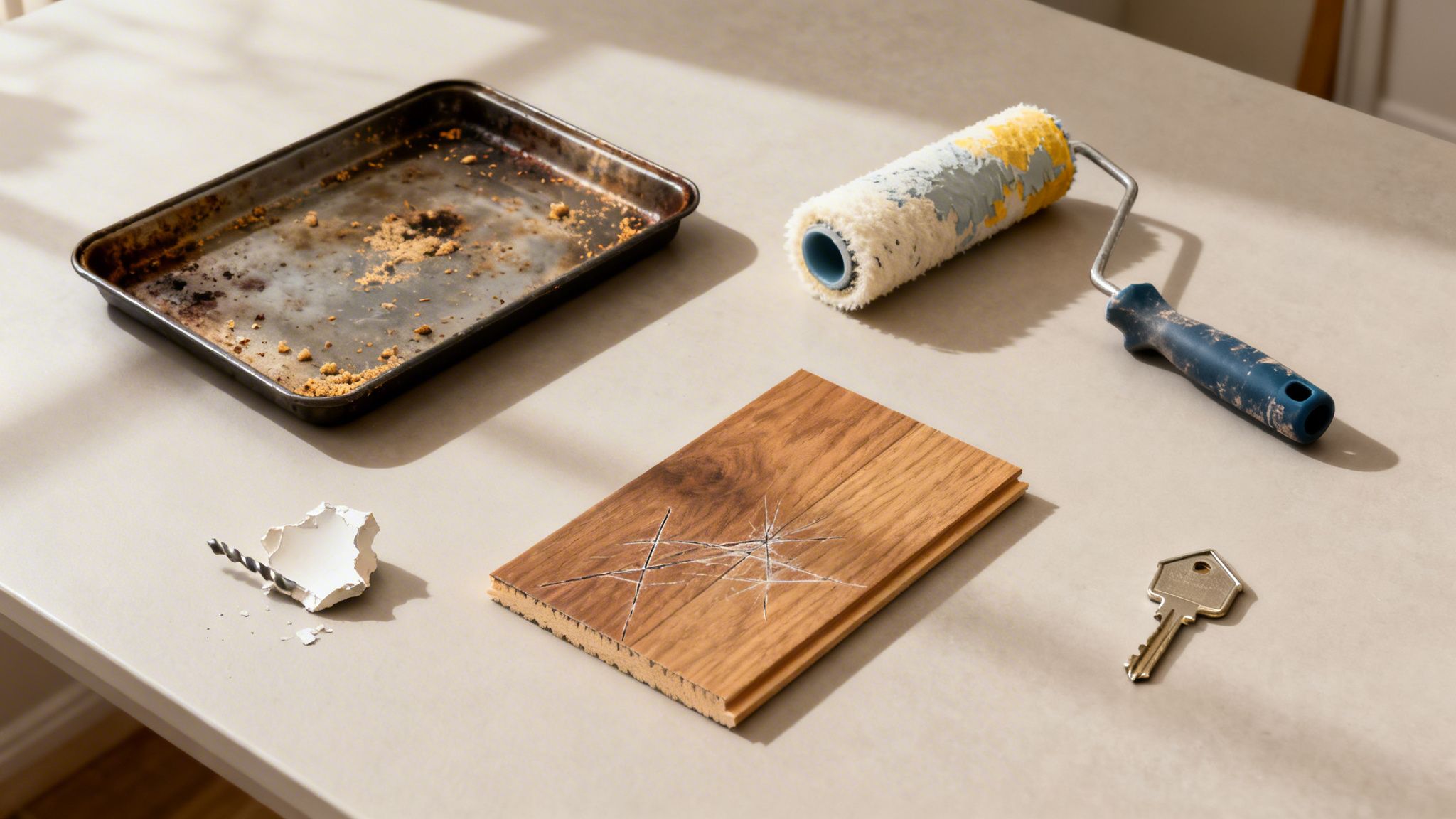 Et snavset bagekar, brugt malerrulle, beskadiget trægulv og borebit, der symboliserer slid og skader.