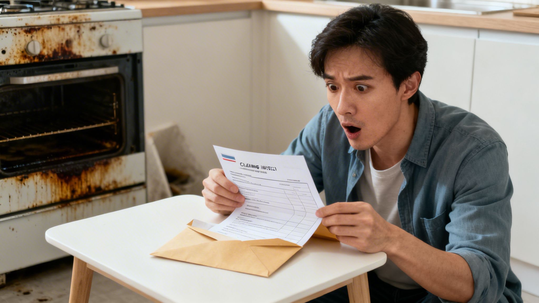 En chokeret mand holder en rengøringsregning i et køkken med en meget snavset ovn, der illustrerer konsekvenserne af manglende rengøring.