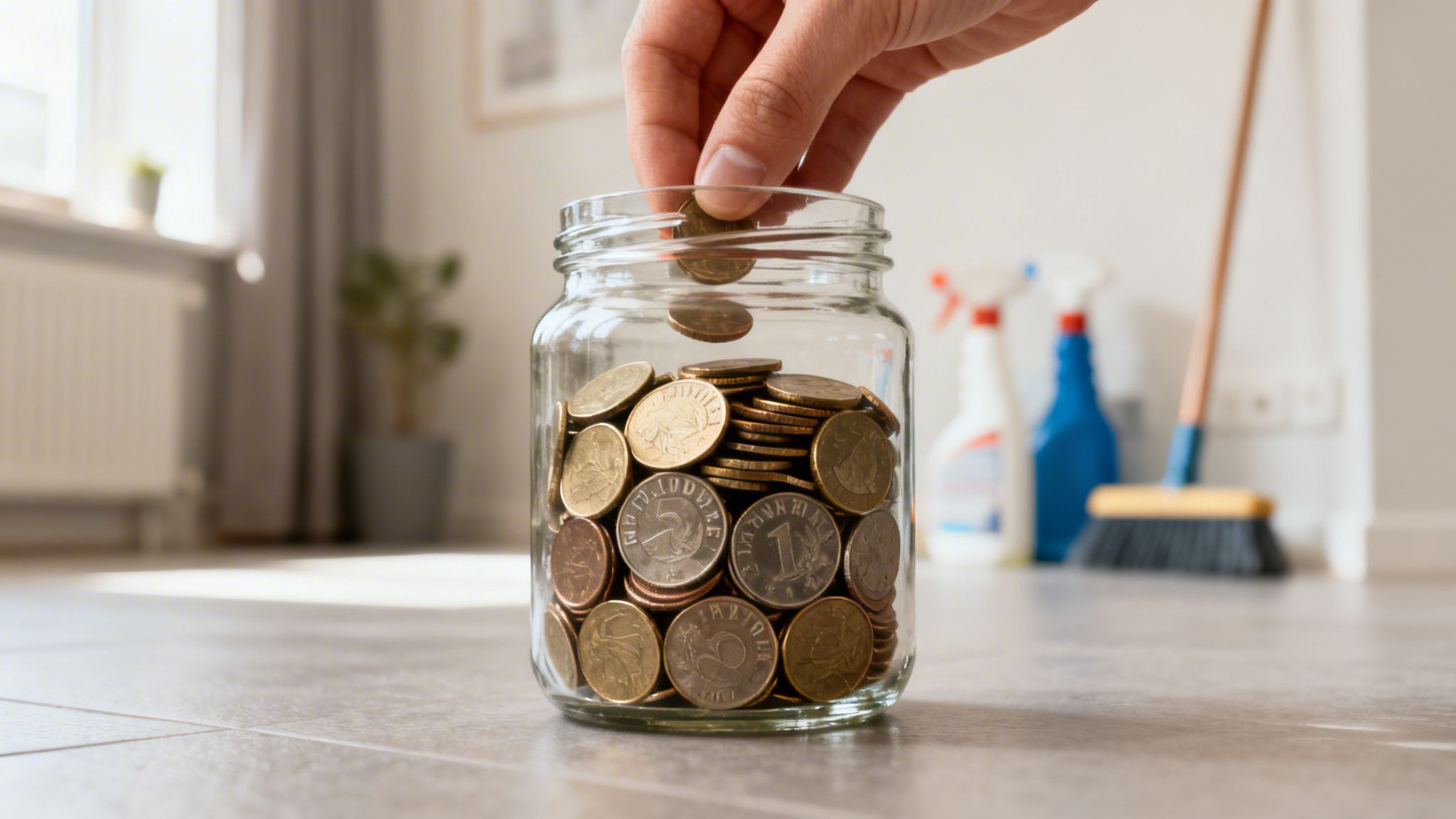 En hånd lægger en mønt i et glas med mønter. Billedet viser besparelser i hjemmet.