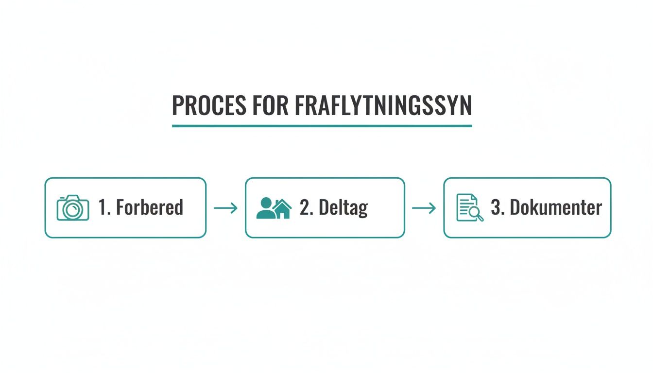En procesoversigt for fraflytningssyn med tre trin: 1. Forbered, 2. Deltag og 3. Dokumenter.