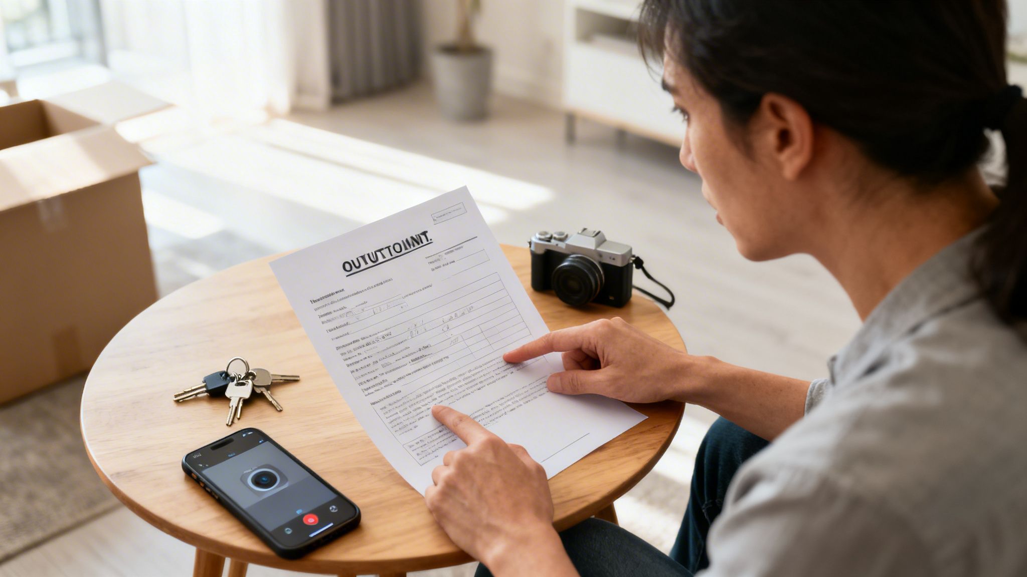 Person gennemgår et dokument på et bord med nøgler, telefon og en flyttekasse i baggrunden.