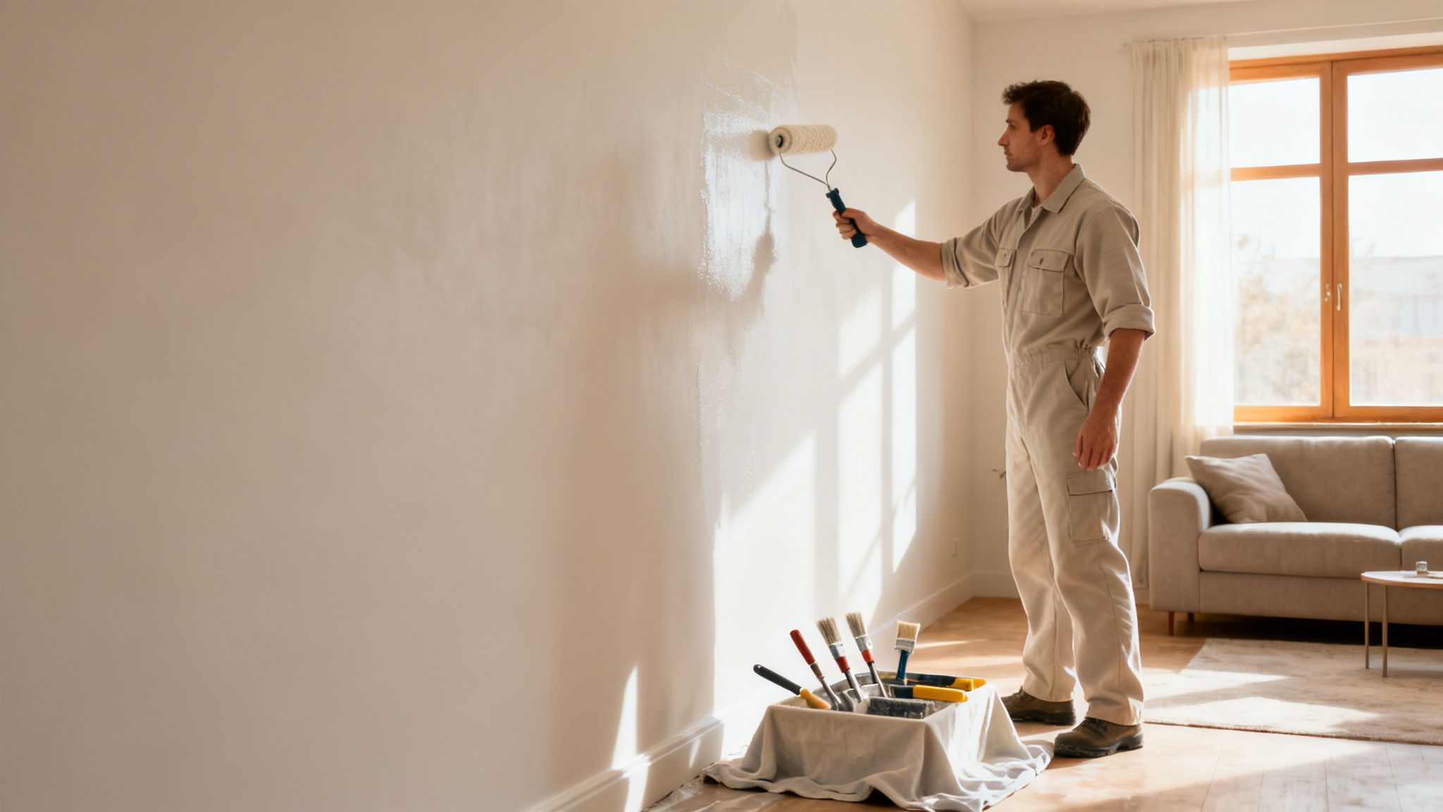 En mand i beige arbejdstøj maler en væg hvid med en malerrulle i et solrigt rum.