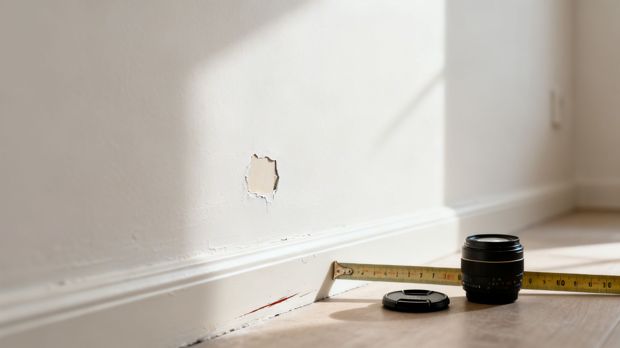 Et hul i væggen med afskallet maling over en hvid fodliste, et målebånd og et kameraobjektiv på gulvet.
