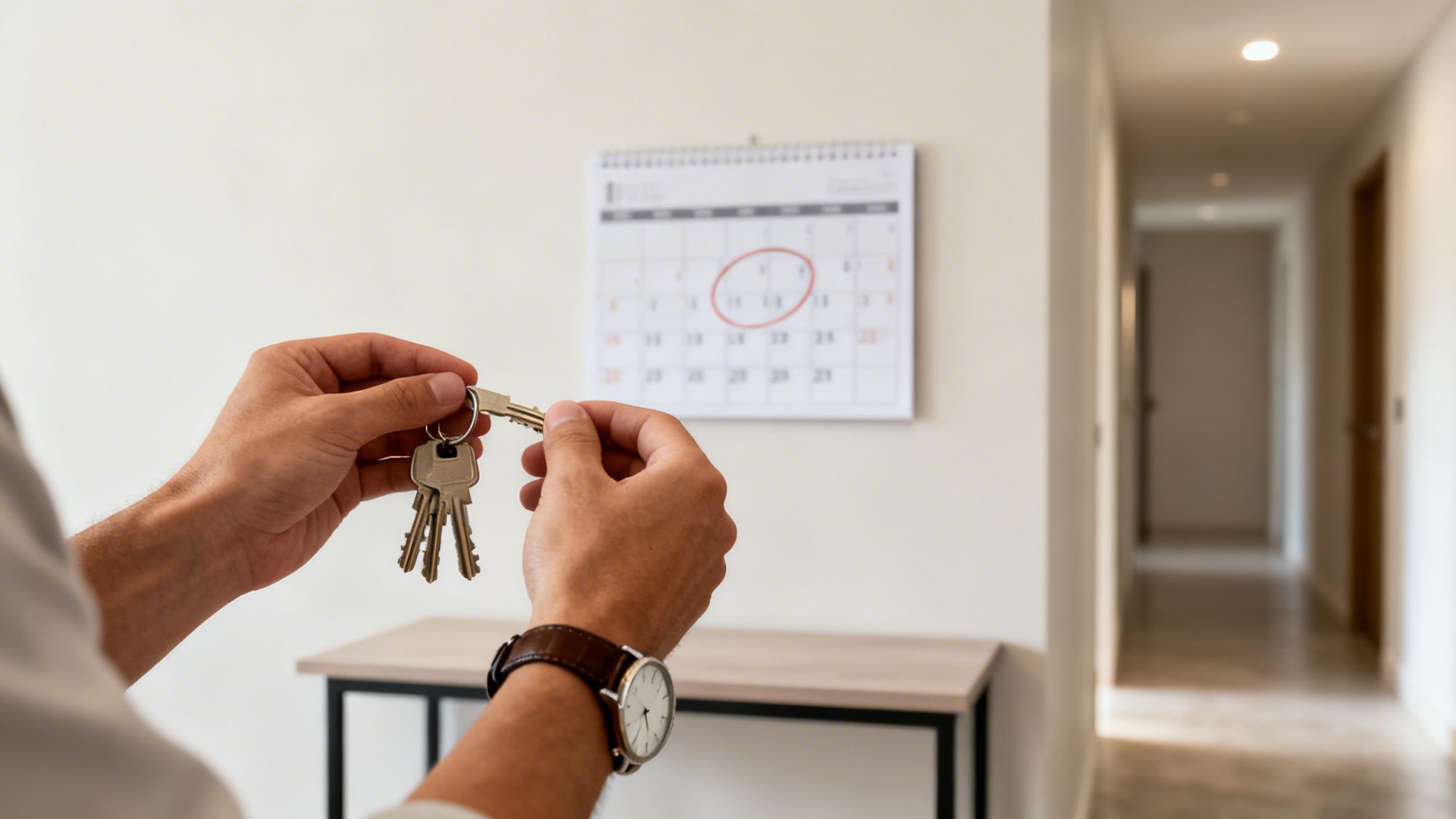 En person holder en nøglekæde og kigger på en kalender med en vigtig dato markeret.