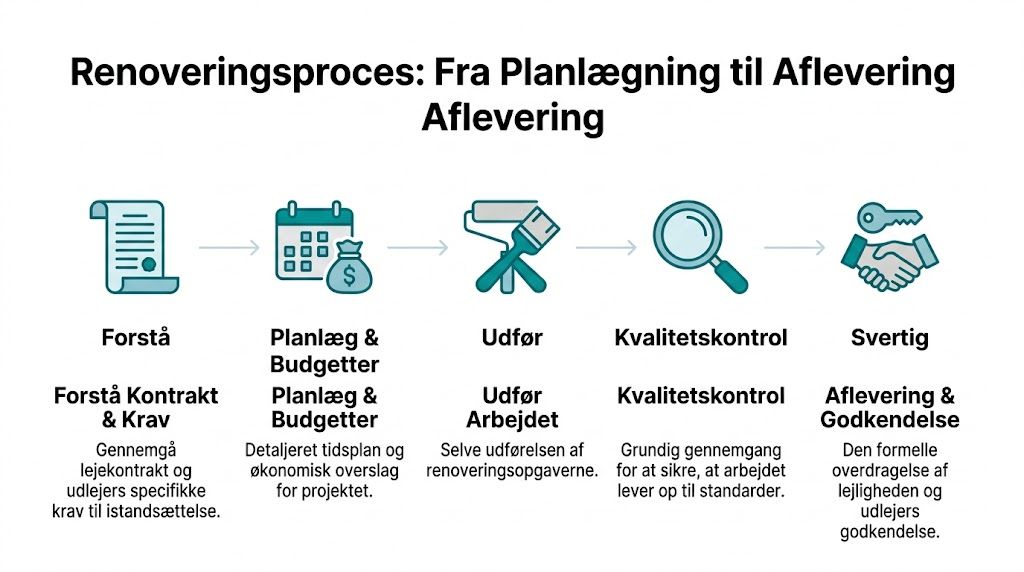 En infografik der viser de fem trin i en lejlighedsrenoveringsproces fra planlægning til endelig aflevering.