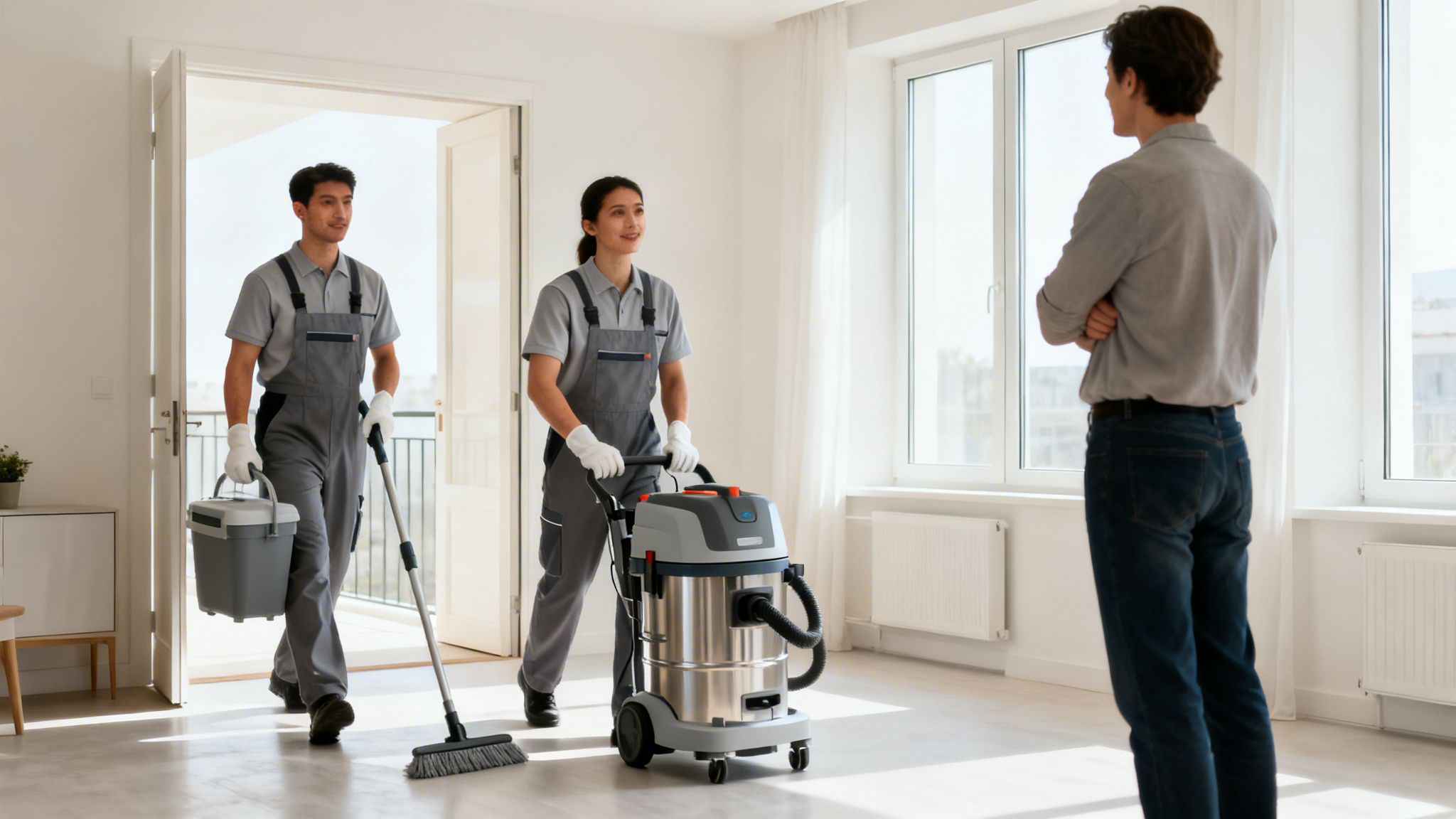 To rengøringsassistenter ankommer til en tom lejlighed med udstyr, mens en mand observerer dem.