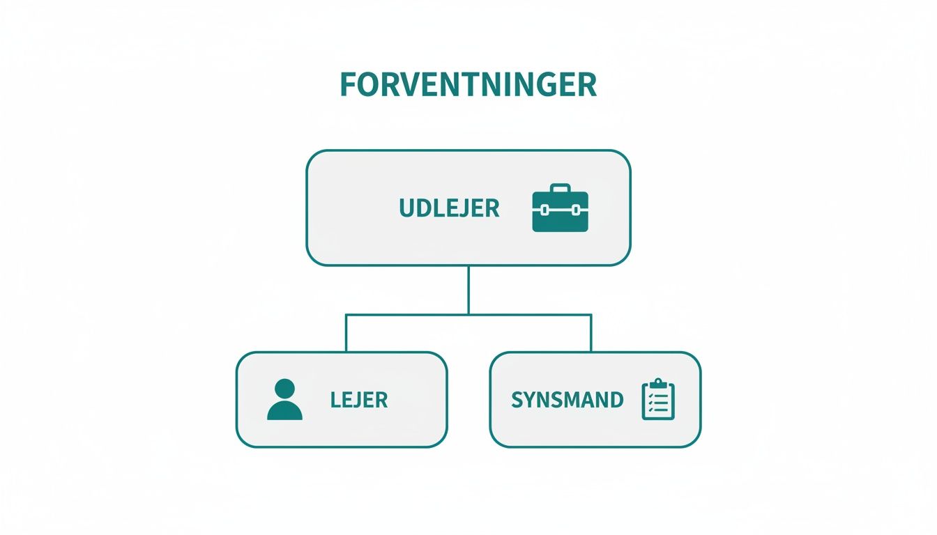 Diagram viser forventninger fra udlejer til lejer og synsmand i en lejeaftale.