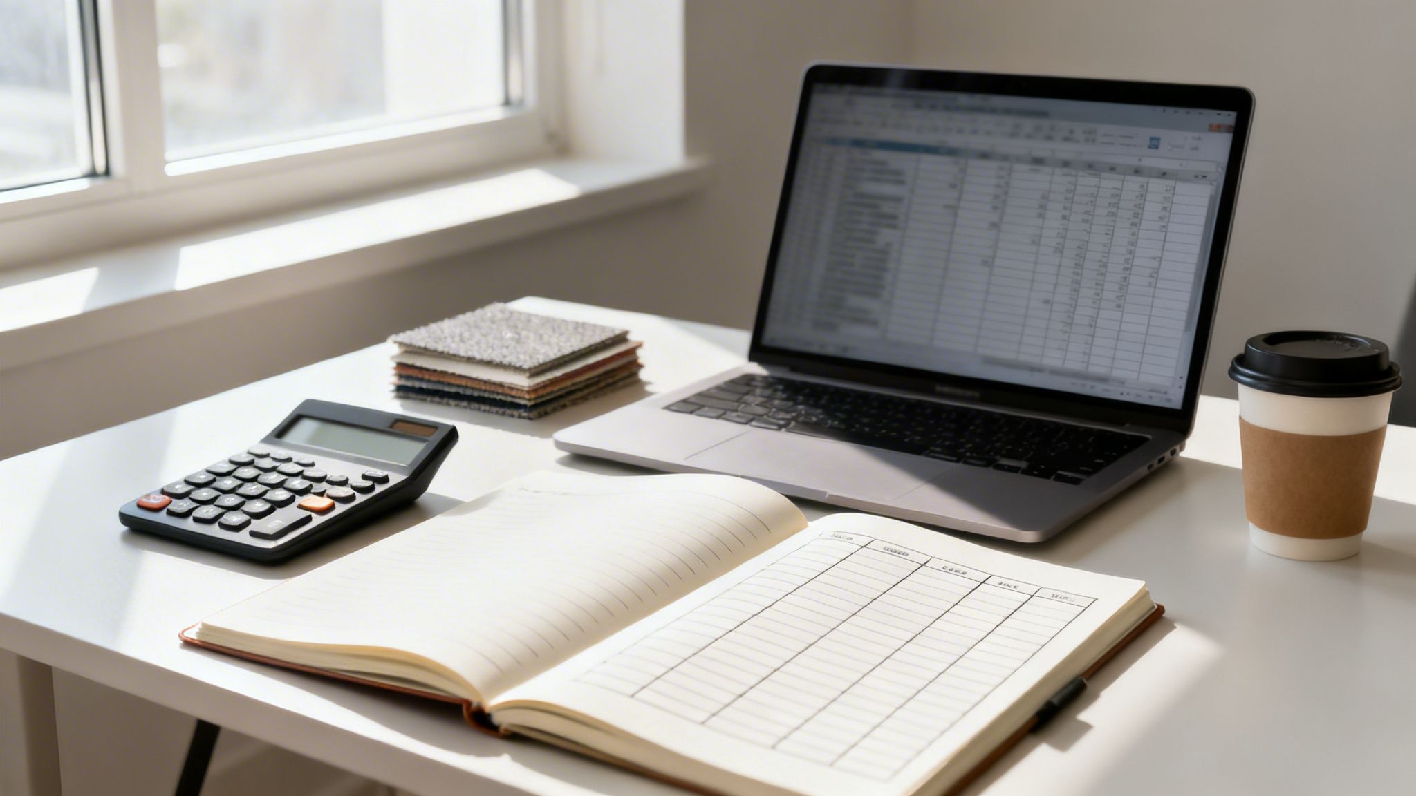 Et skrivebord med en bærbar computer, lommeregner, åben notesbog, stofprøver og kaffekop i sollys.