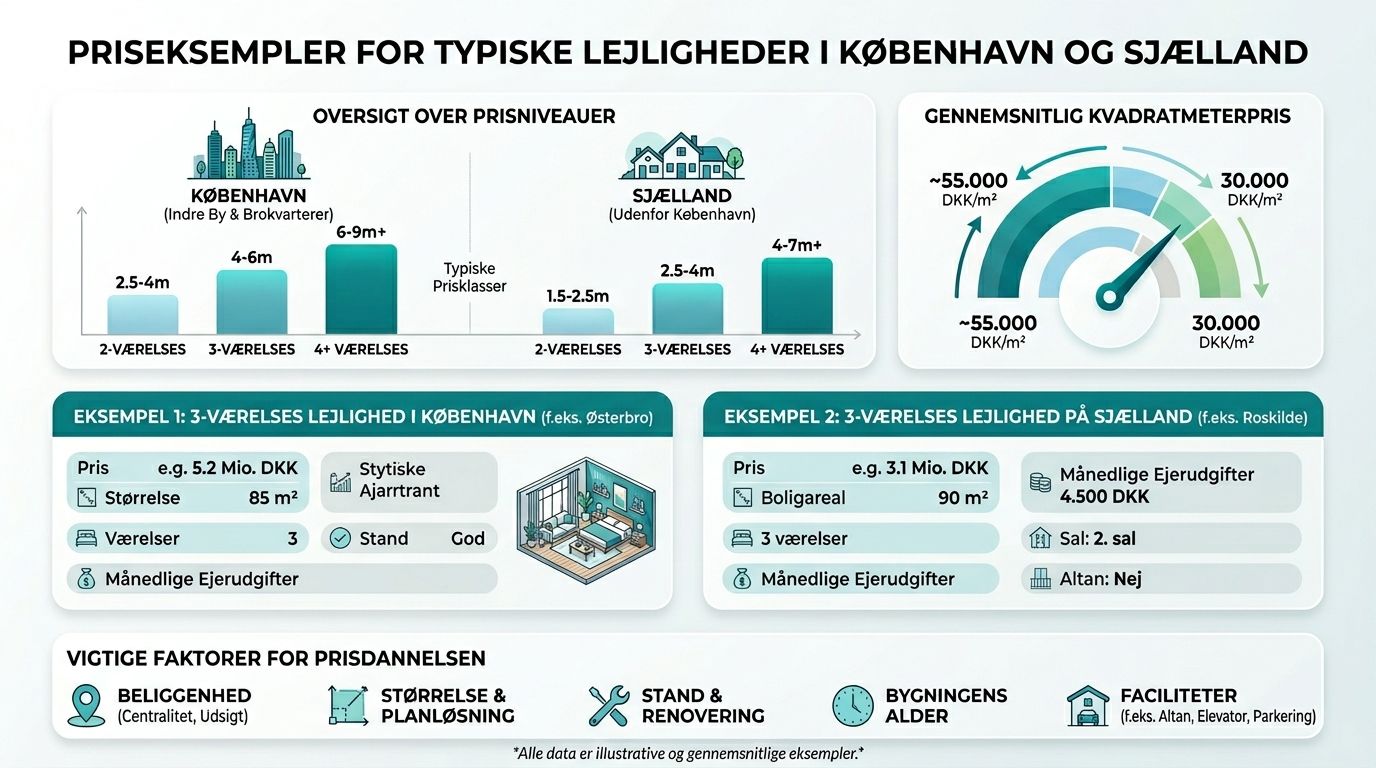 En infografik der viser prisniveauer for typiske lejligheder i København og på Sjælland baseret på boligstørrelse.