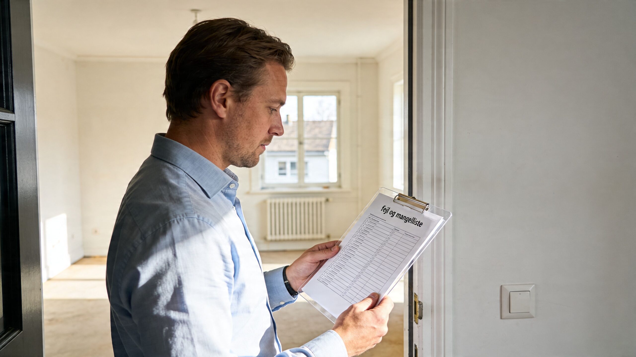 En mand holder en checkliste med overskriften fejl og mangelliste, mens han inspicerer en tom lejlighed.