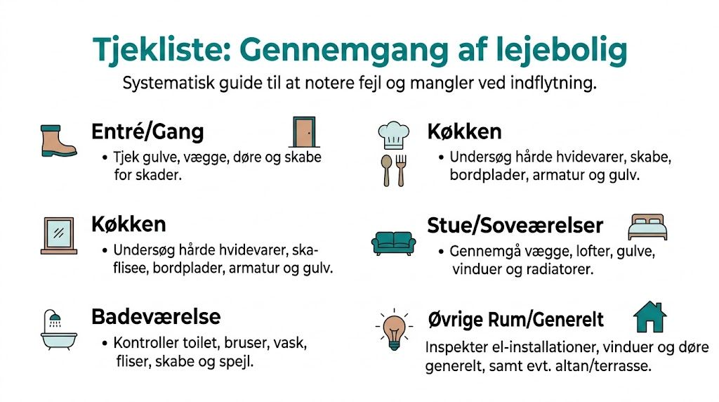 Tjekliste til gennemgang af lejerbolig for fejl og mangler ved indflytning opdelt rum for rum.