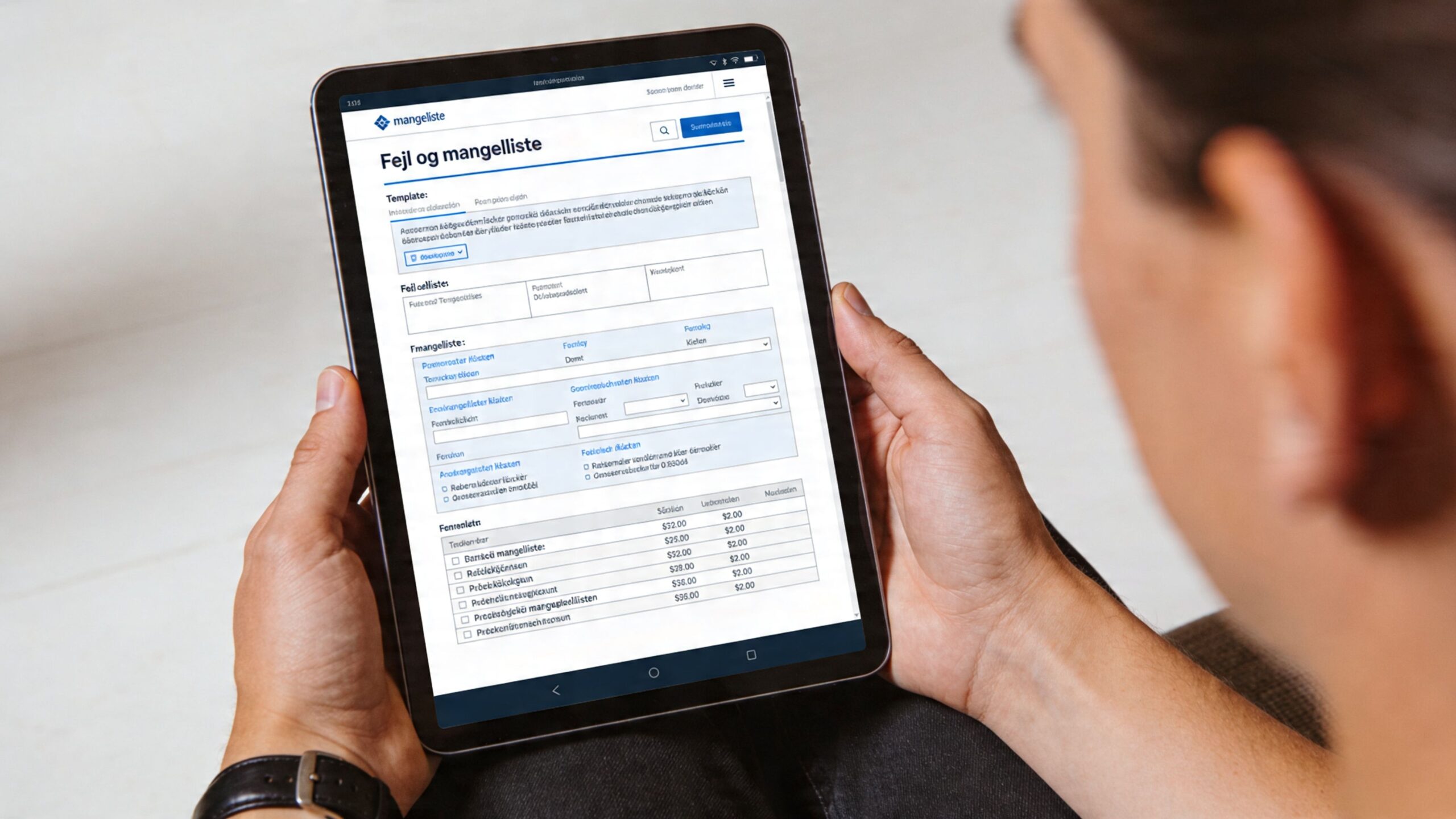 Person holder en tablet, der viser en digital platform til håndtering af fejl og mangellister i byggeriet.