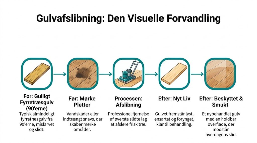 Illustration af processen for gulvafslibning, der viser forvandlingen fra et slidt fyrretræsgulv til et nyslebet og beskyttet resultat.