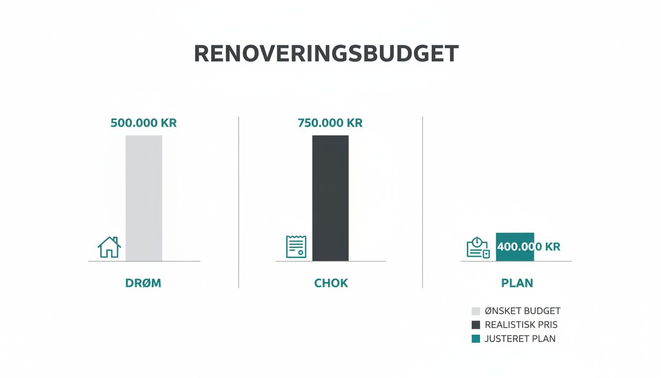 Diagram over renoveringsbudget med drømme, chok og justerede planer for husrenovering.