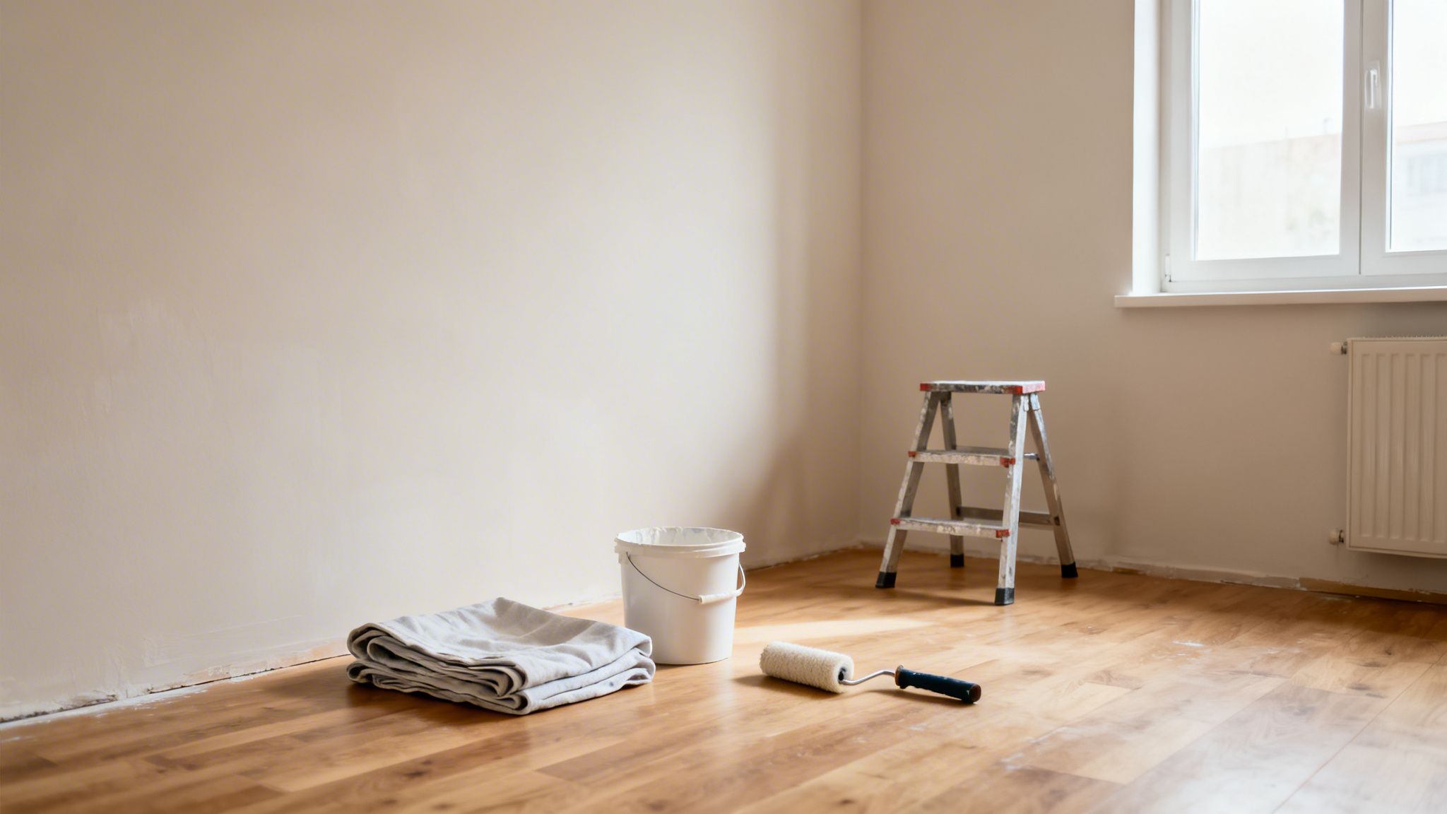 Indendørs værelse med gulvrenovering, malerulle og værktøj.