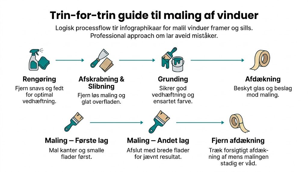 En trin-for-trin guide, der viser processen for korrekt maling af vinduesrammer og karme for et professionelt resultat.