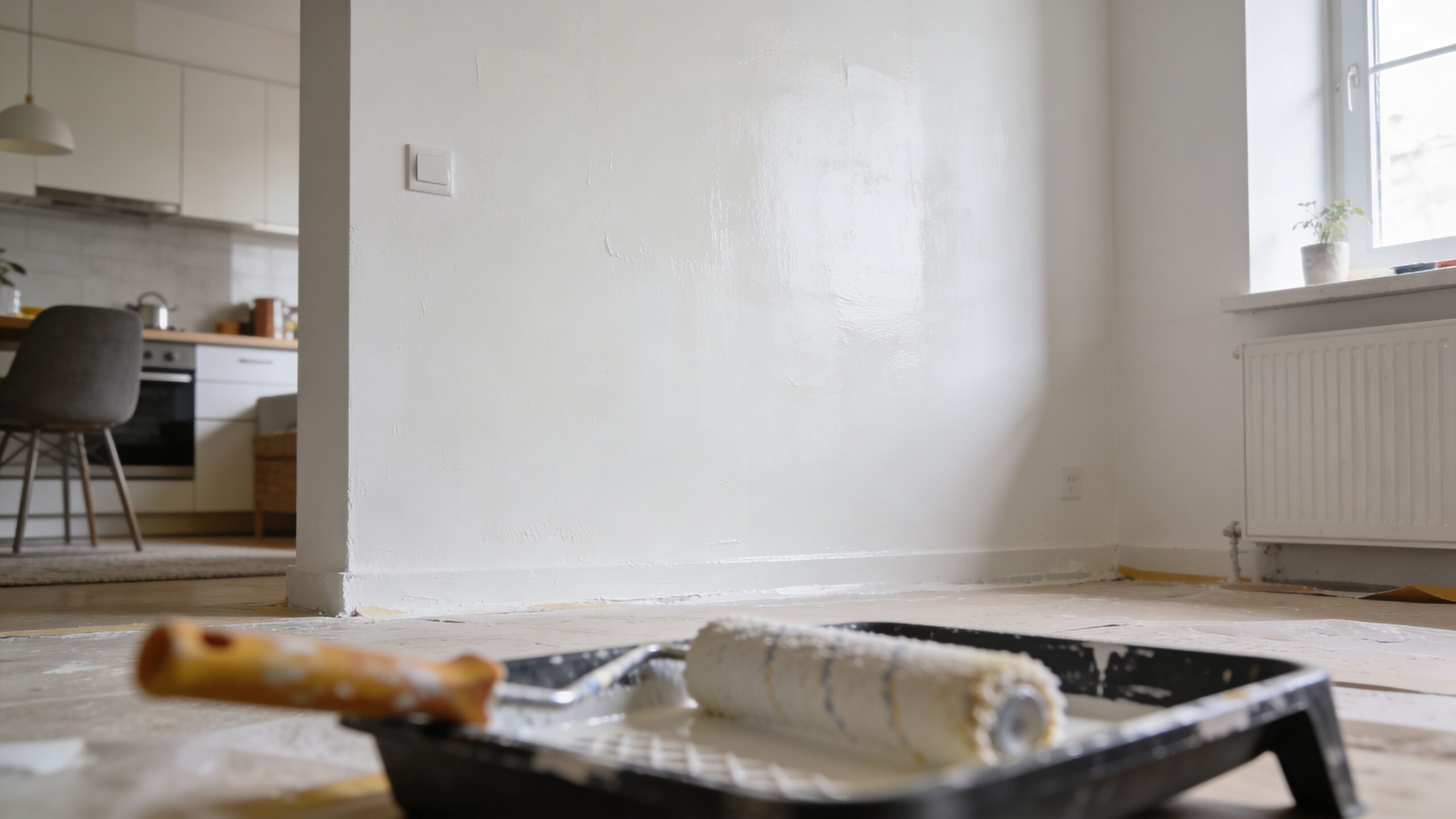 En hvidmalet væg i en lejlighed under renovering med en malerrulle og en malerbakke i forgrunden.