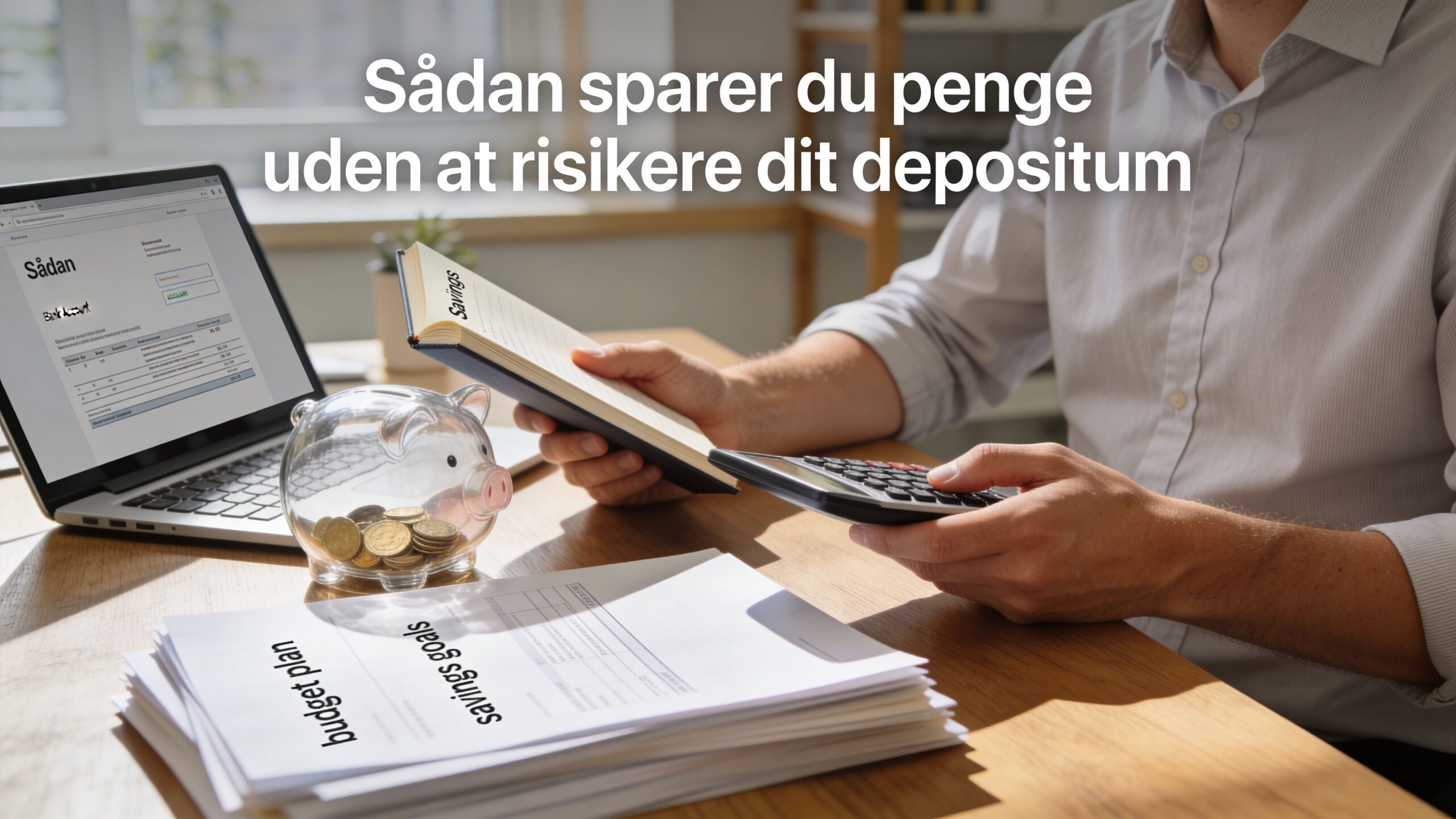 En mand ved et skrivebord planlægger sin økonomi med en bærbar computer, en sparegris og budgetdokumenter.