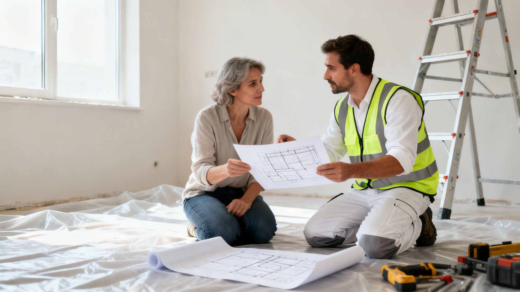 Professionel håndværker og kvinde gennemgår byggeplaner i et hus under renovering. De diskuterer projektet.